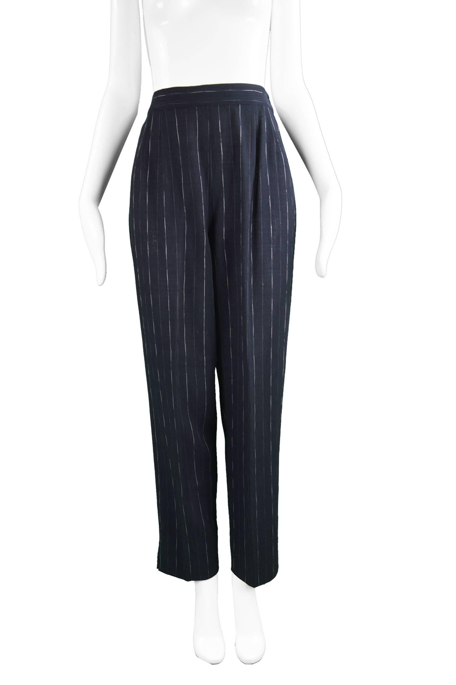 Claude Montana Women's Vintage Navy Blue Wool Pinstripe 2 Piece Pant Suit, 1990s For Sale 2