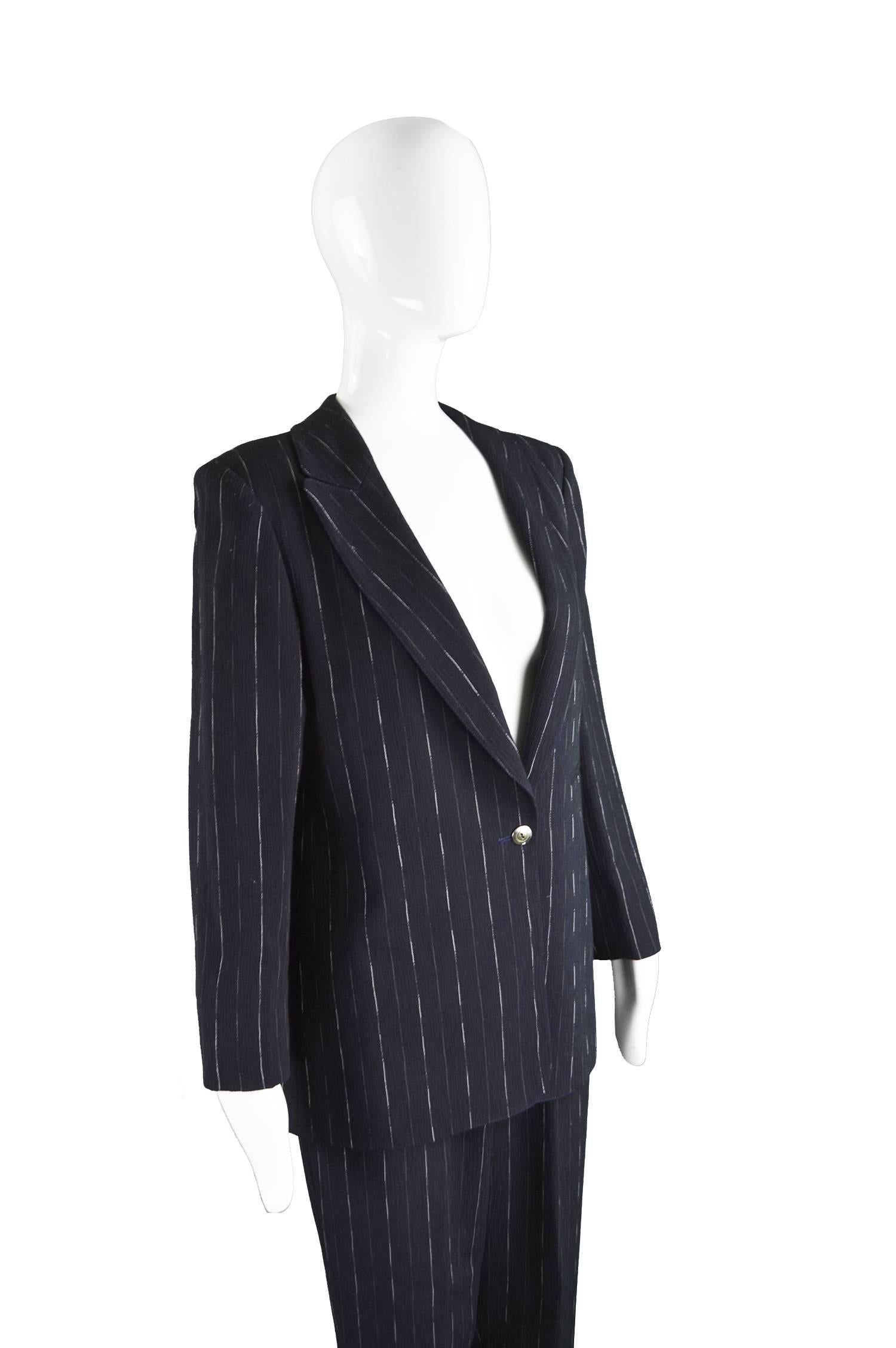 Claude Montana Women's Vintage Navy Blue Wool Pinstripe 2 Piece Pant Suit, 1990s In Excellent Condition For Sale In Doncaster, South Yorkshire