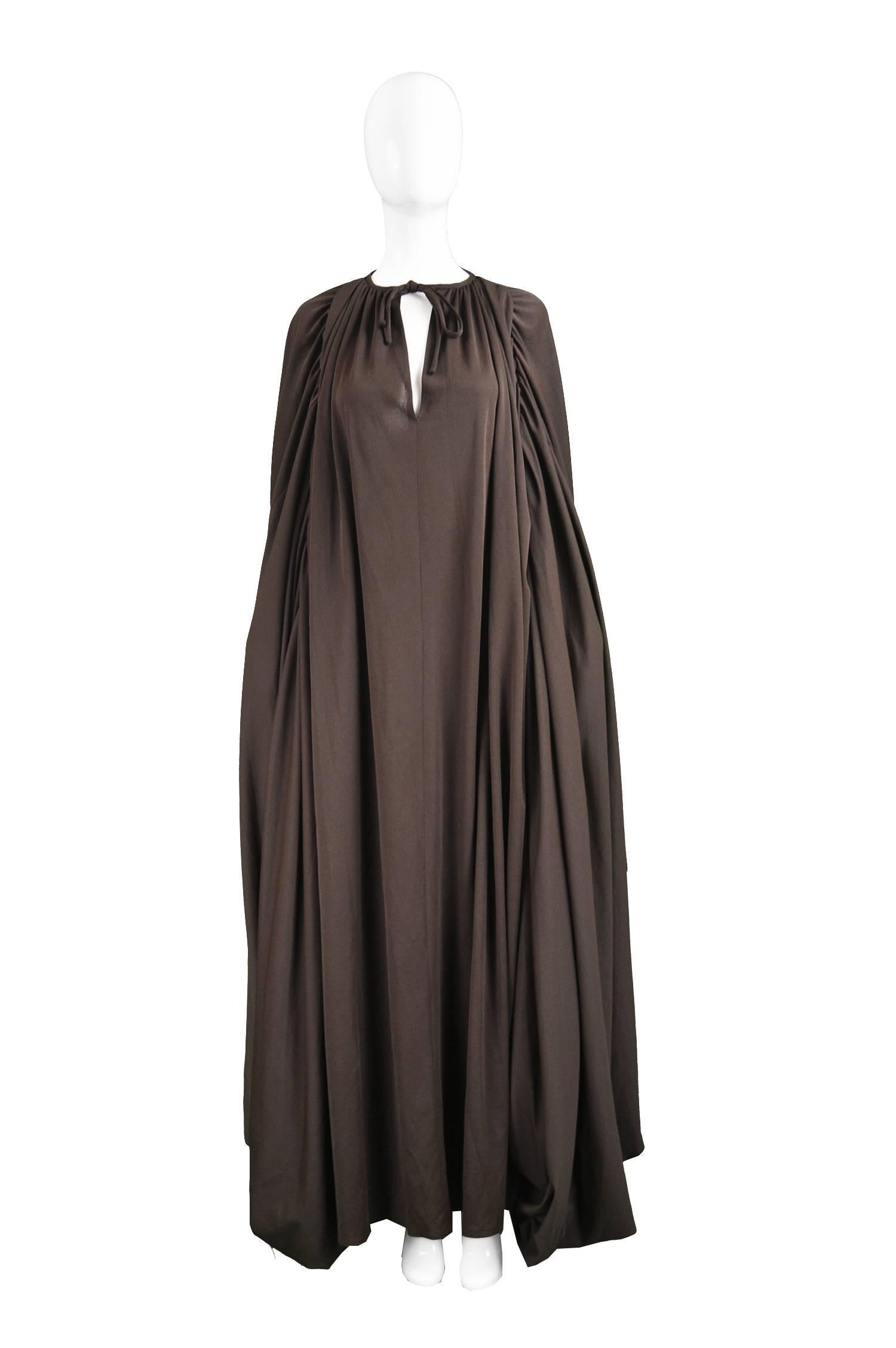 Black Vintage 1970s Kimono Style Brown Maxi Dress with Huge Dramatic Sleeves