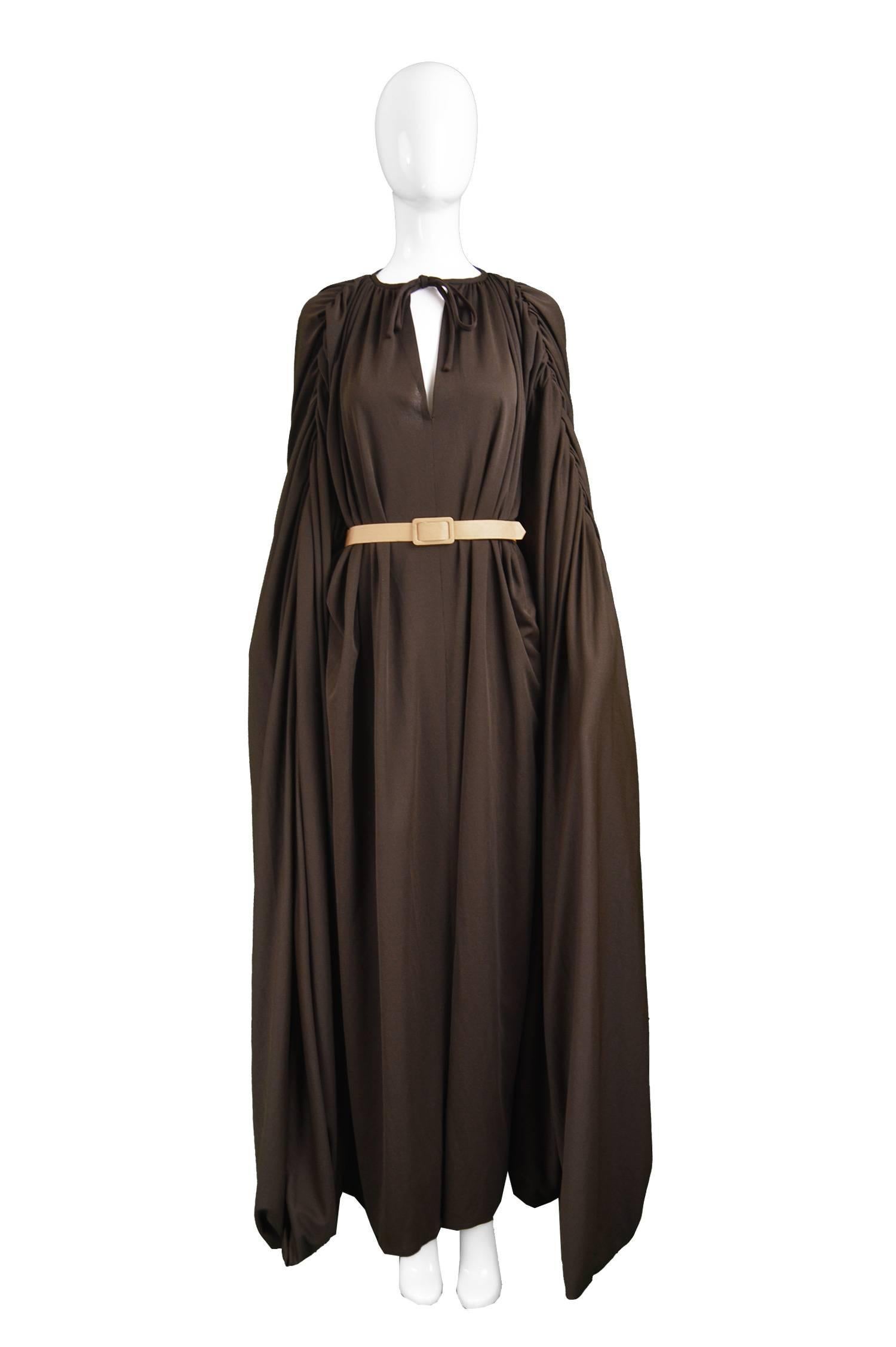 Vintage 1970s Kimono Style Brown Maxi Dress with Huge Dramatic Sleeves 1