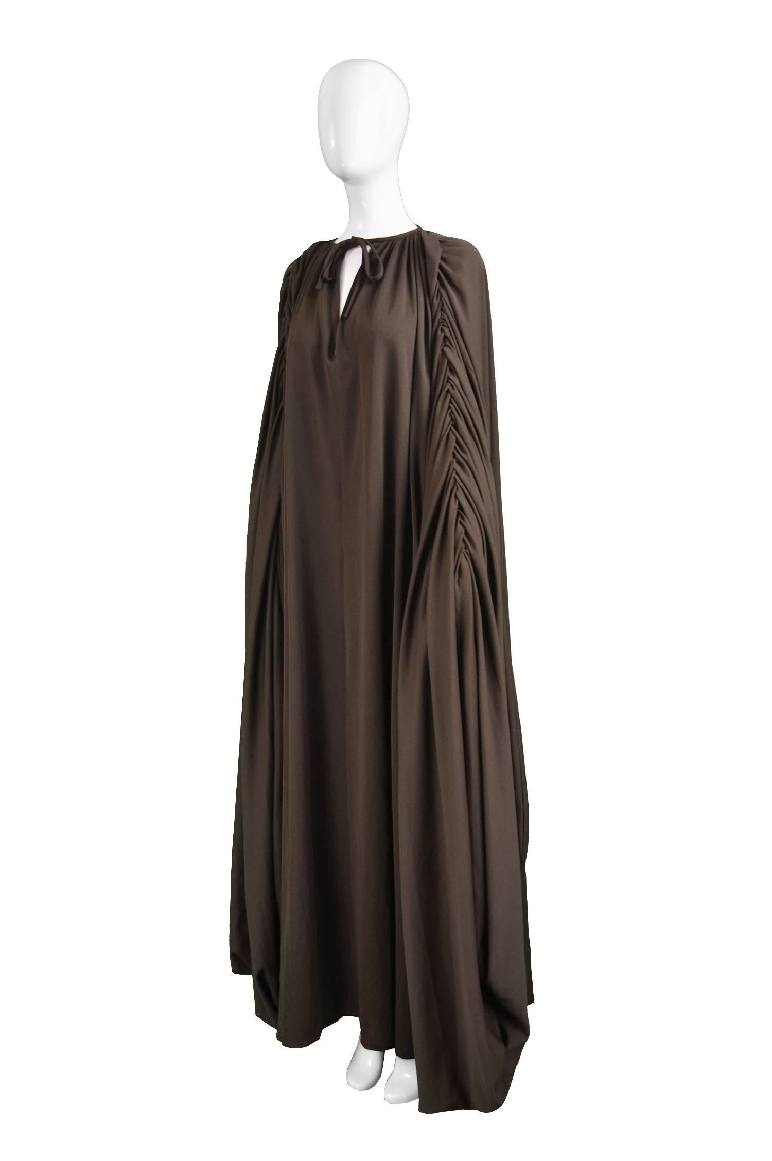 Vintage 1970s Kimono Style Brown Maxi Dress with Huge Dramatic Sleeves 2