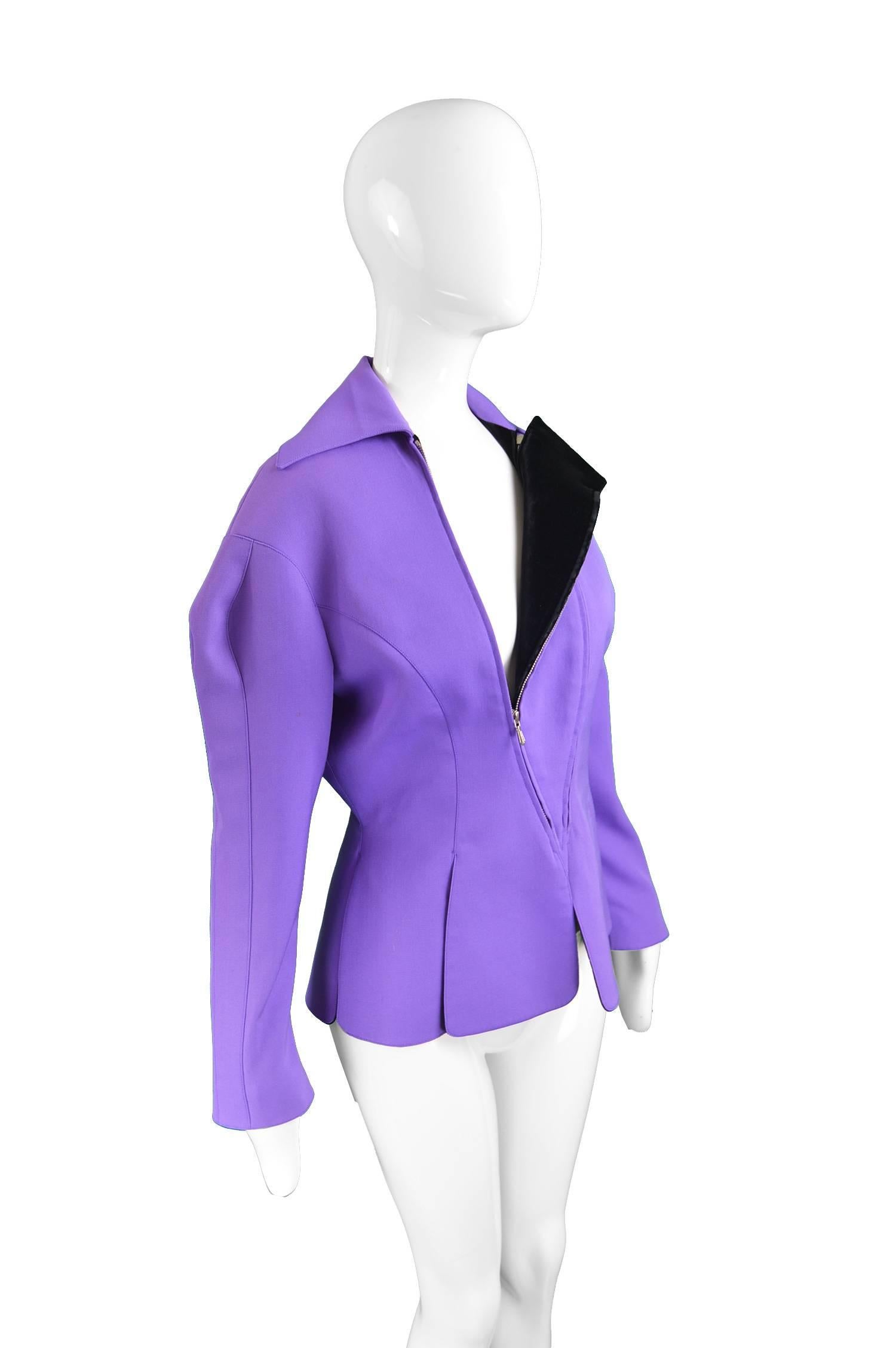 Thierry Mugler Avant Garde Purple Wool & Black Velvet Futuristic Jacket, 1980s 1