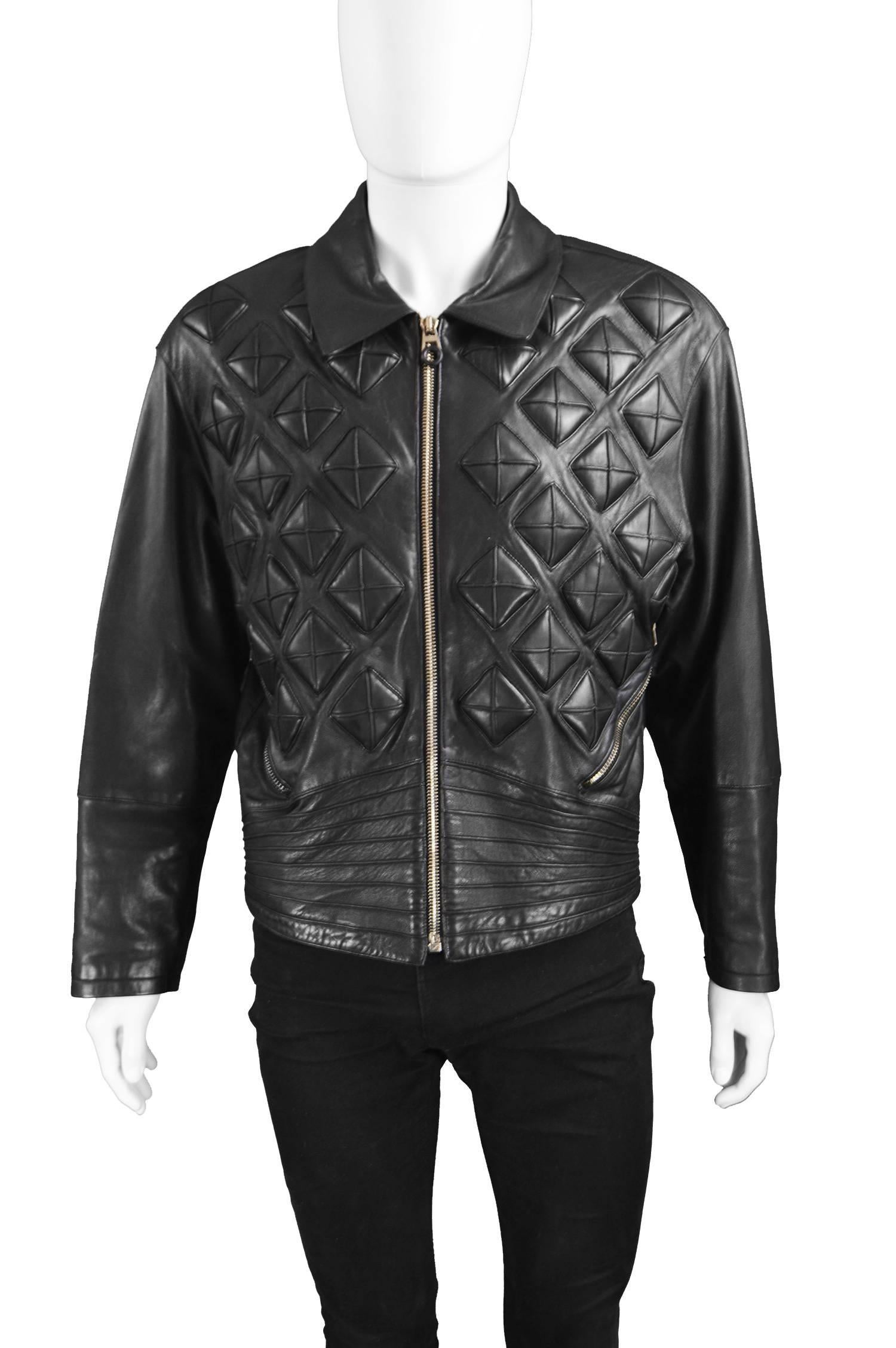 Calugi e Giannelli - Veste en cuir italien gaufré noir pour homme, années 1980 Excellent état - En vente à Doncaster, South Yorkshire