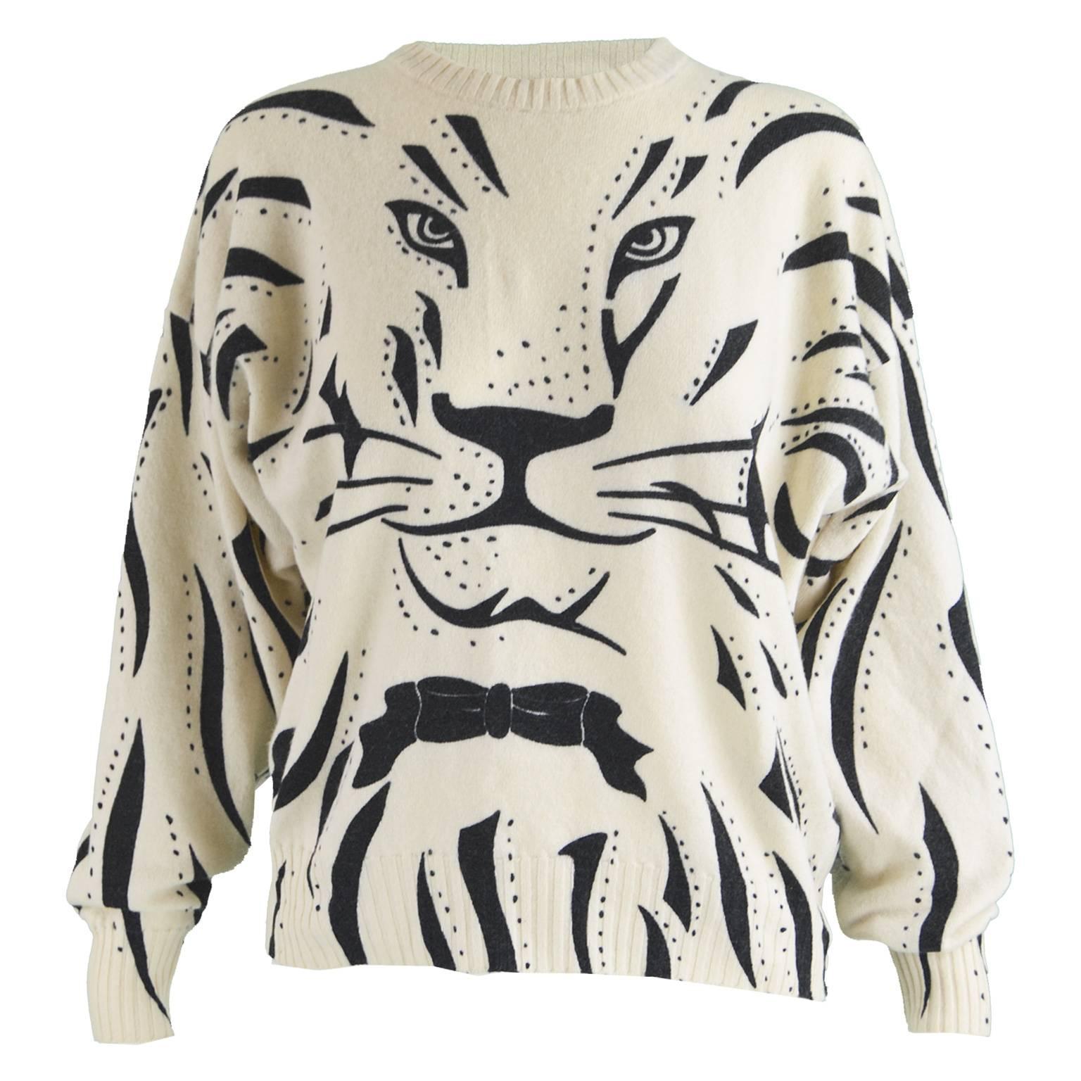 Krizia Iconic 'Animal Series' Cream Wool Tiger Face Knit Sweater, 1980s