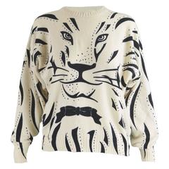 Vintage Krizia Iconic 'Animal Series' Cream Wool Tiger Face Knit Sweater, 1980s