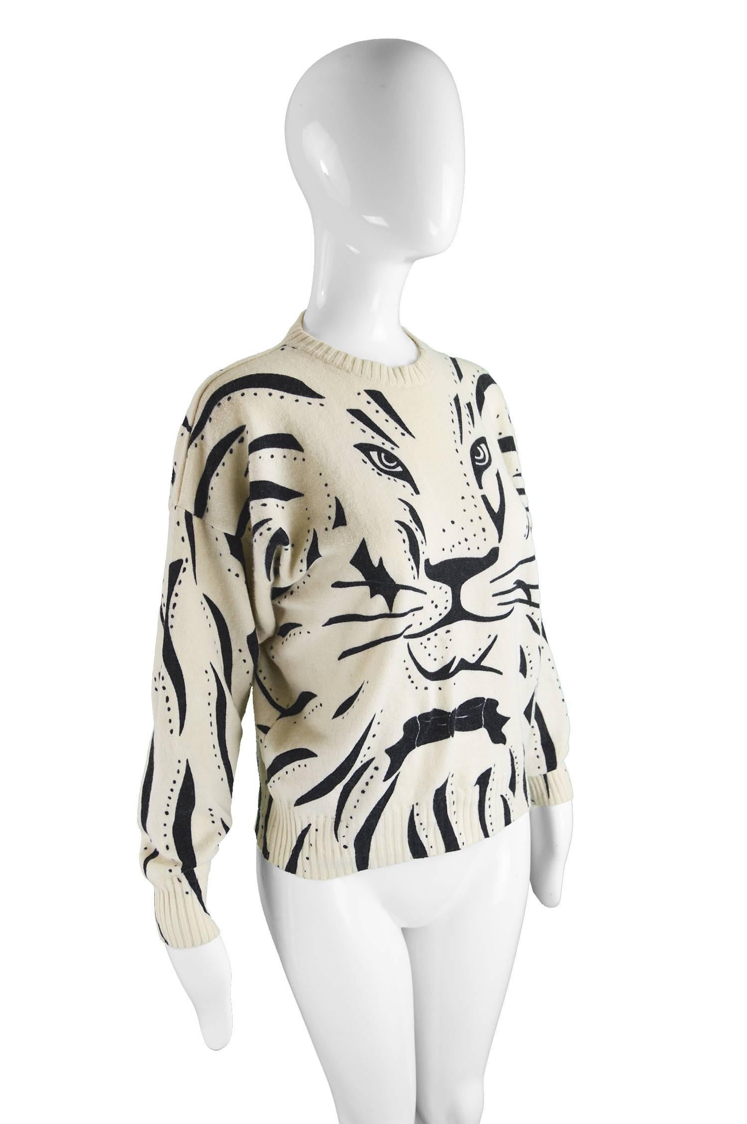 Beige Krizia Iconic 'Animal Series' Cream Wool Tiger Face Knit Sweater, 1980s