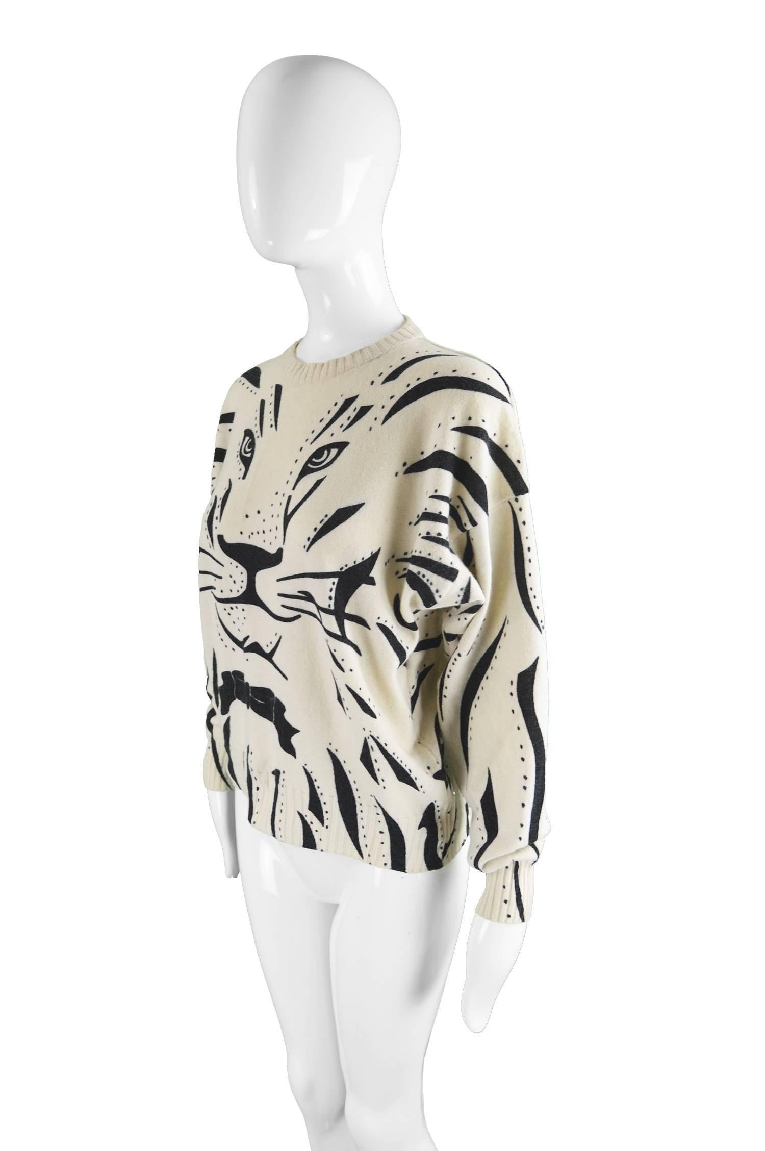 Krizia Iconic 'Animal Series' Cream Wool Tiger Face Knit Sweater, 1980s In Excellent Condition In Doncaster, South Yorkshire