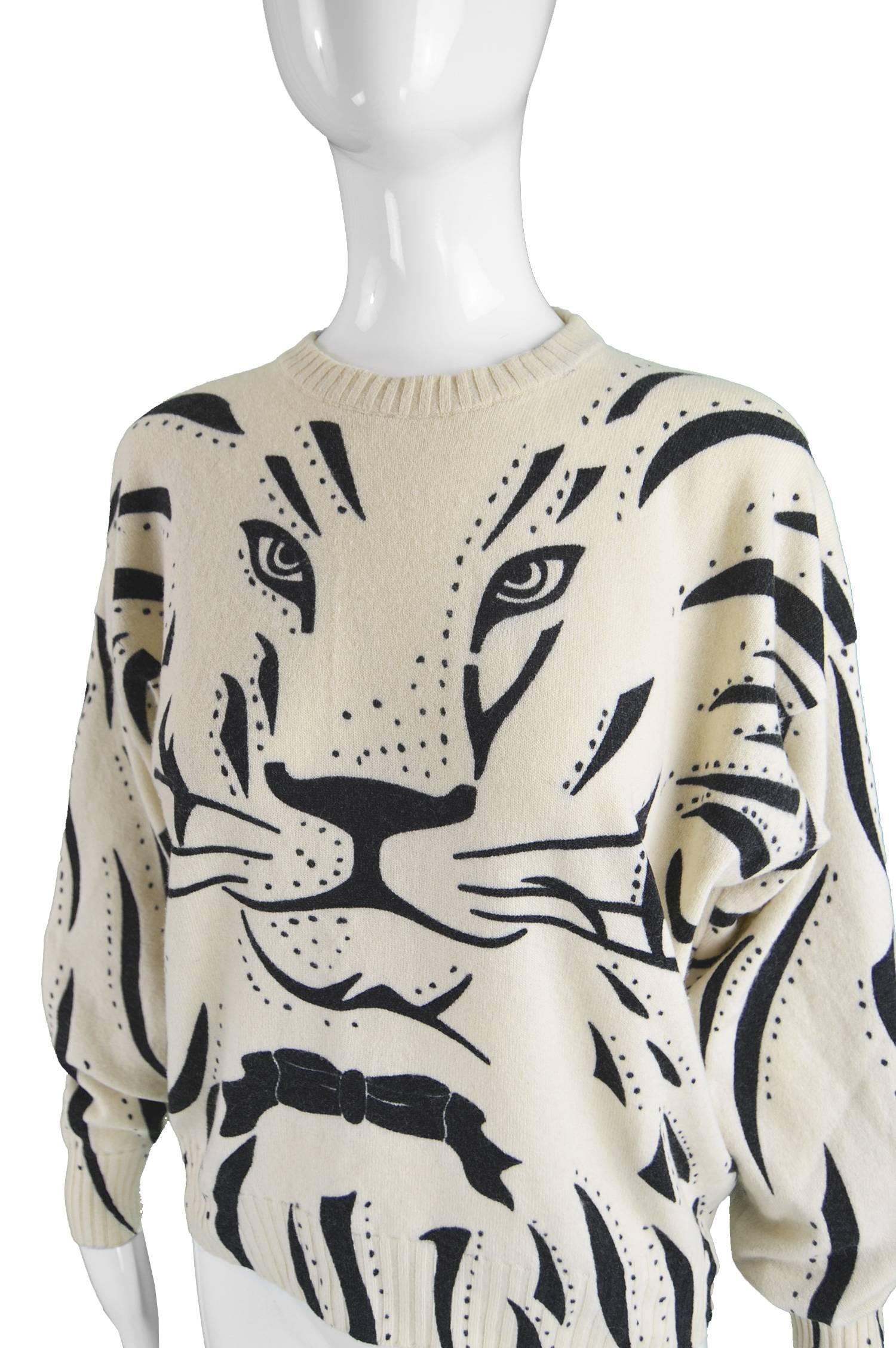 Women's Krizia Iconic 'Animal Series' Cream Wool Tiger Face Knit Sweater, 1980s