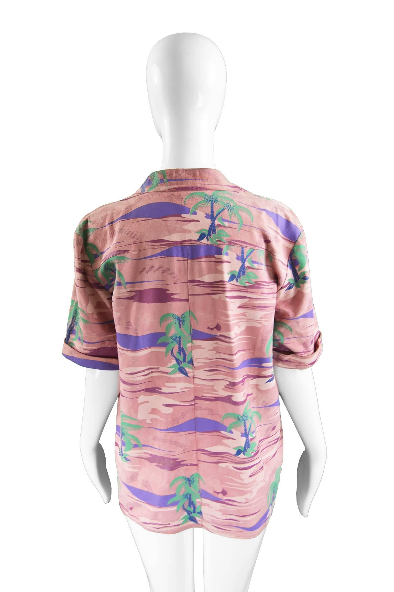 Roberto Cavalli Printed Suede Vintage Pink Tropical Island Shirt, 1970s 1