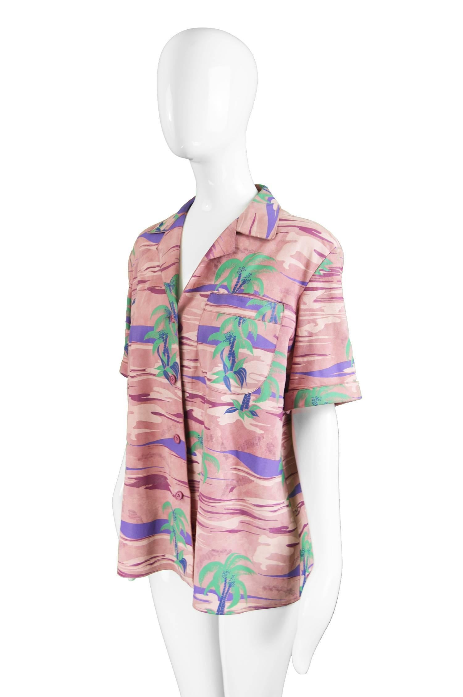 Beige Roberto Cavalli Printed Suede Vintage Pink Tropical Island Shirt, 1970s
