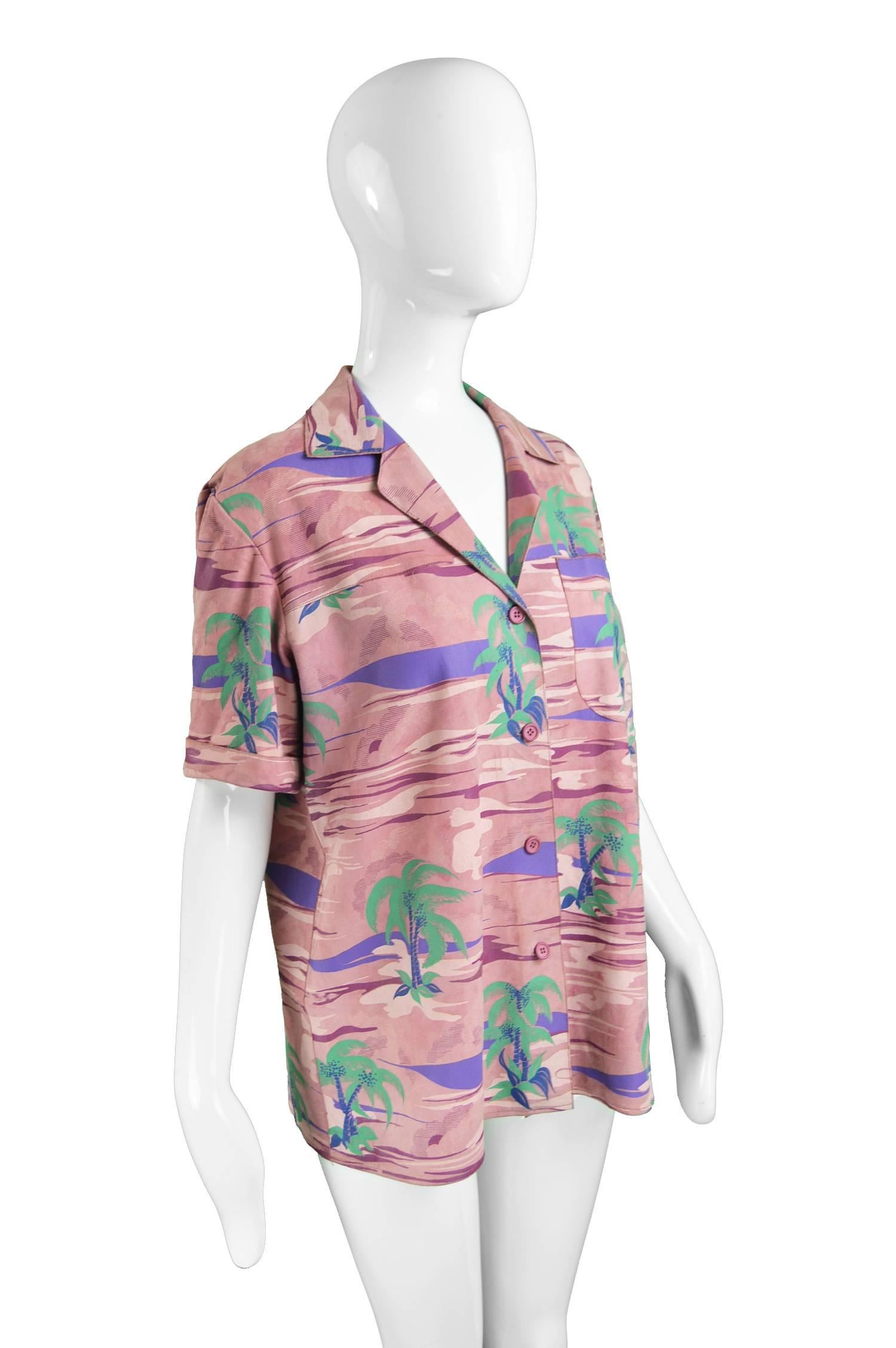 Women's Roberto Cavalli Printed Suede Vintage Pink Tropical Island Shirt, 1970s