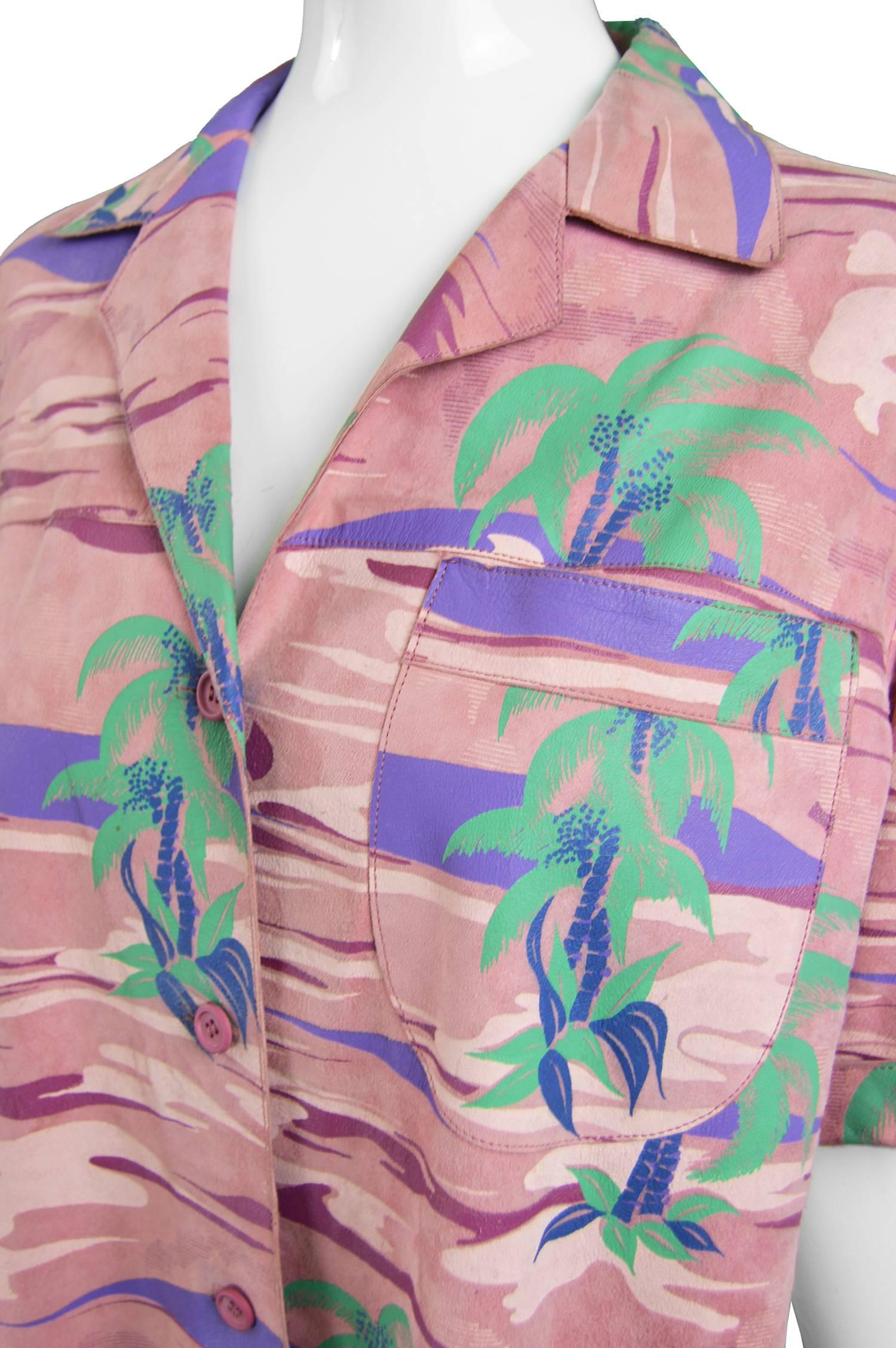 Roberto Cavalli Printed Suede Vintage Pink Tropical Island Shirt, 1970s In Excellent Condition In Doncaster, South Yorkshire