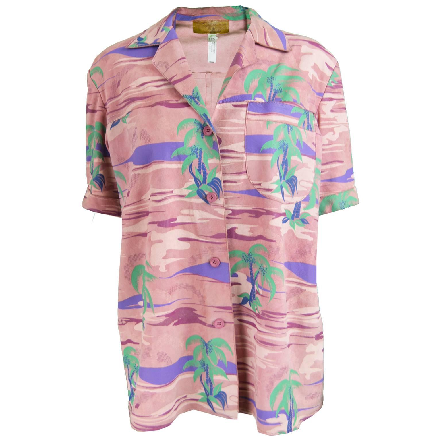 Roberto Cavalli Printed Suede Vintage Pink Tropical Island Shirt, 1970s