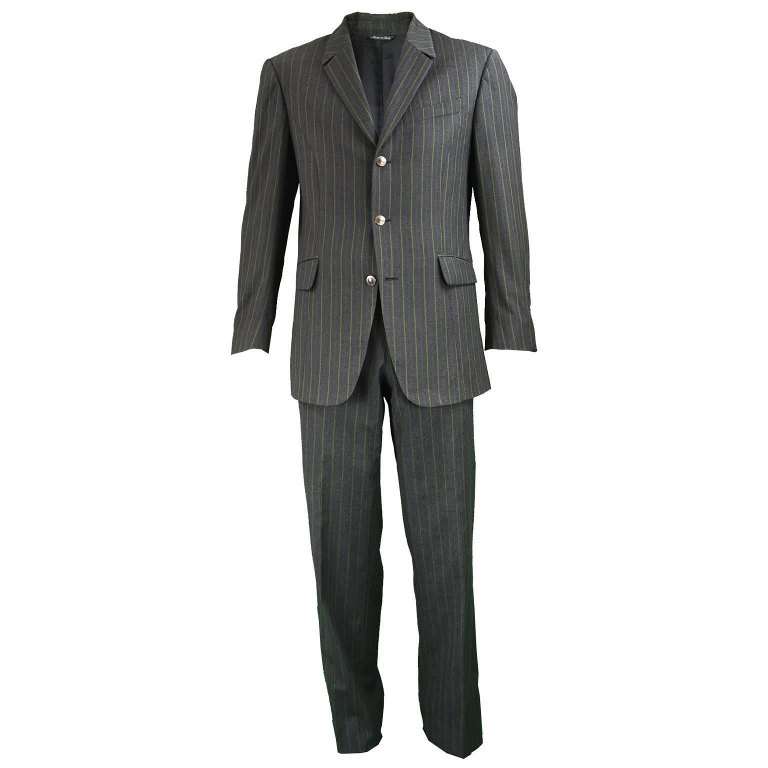 Thierry Mugler Men's Grey & Green Pinstripe Wool Blazer& Pants Suit