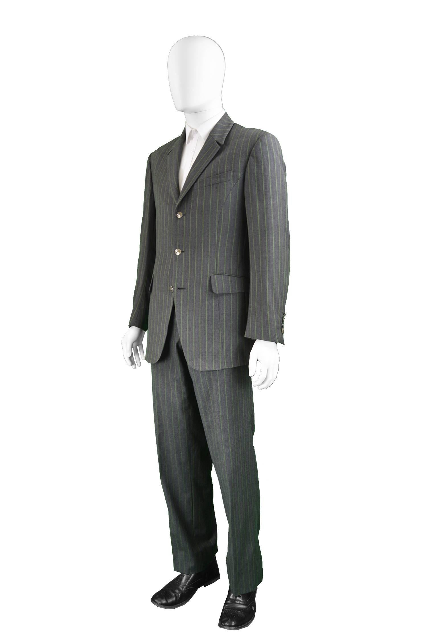 Gray Thierry Mugler Men's Grey & Green Pinstripe Wool Blazer& Pants Suit