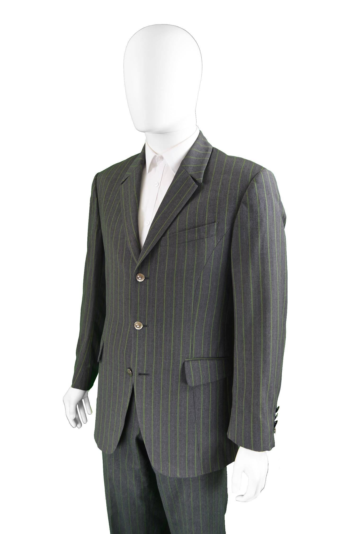 Thierry Mugler Men's Grey & Green Pinstripe Wool Blazer& Pants Suit In Excellent Condition In Doncaster, South Yorkshire