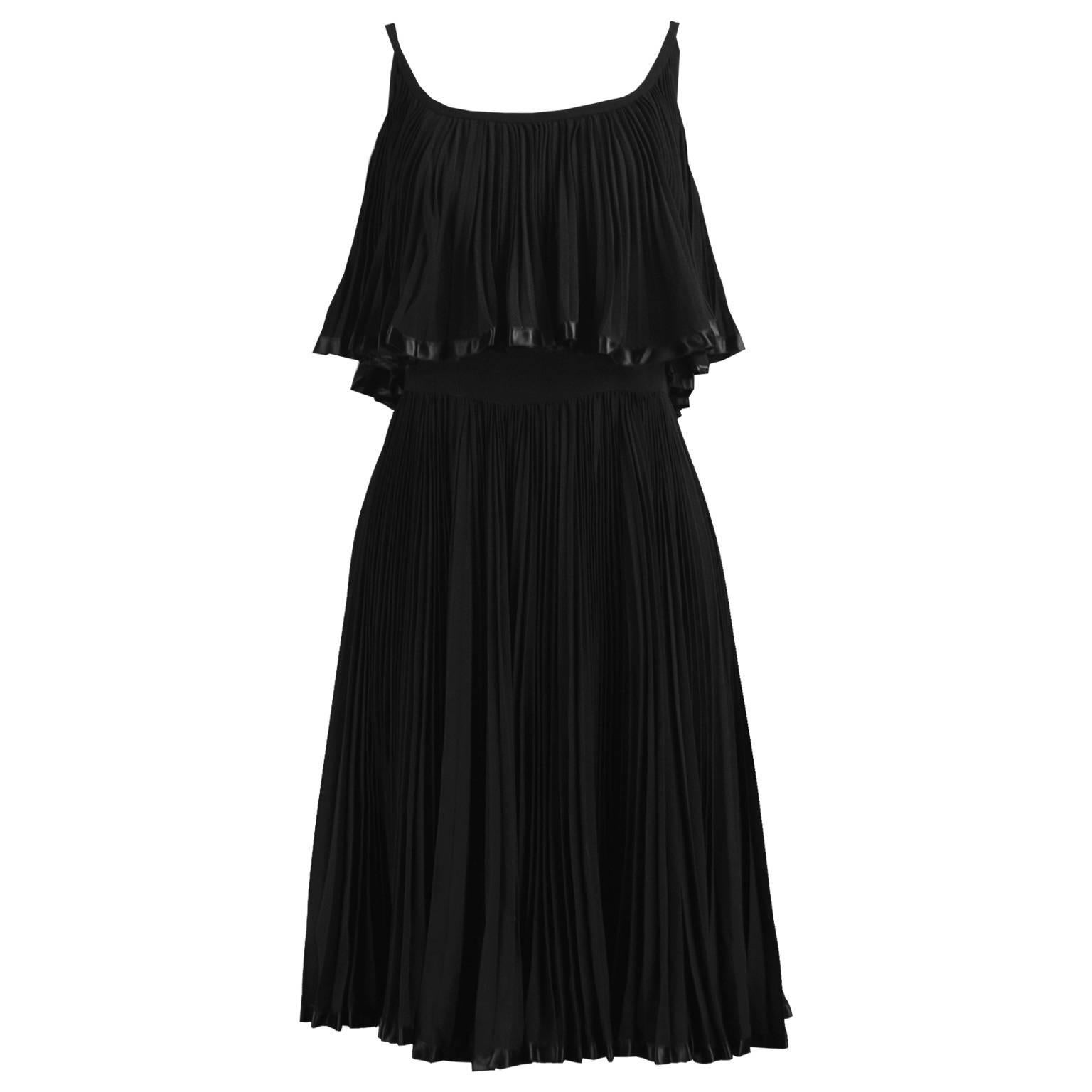 Oleg Cassini Vintage Tiered Pleated Crepe Little Black Dress, 1960s For Sale