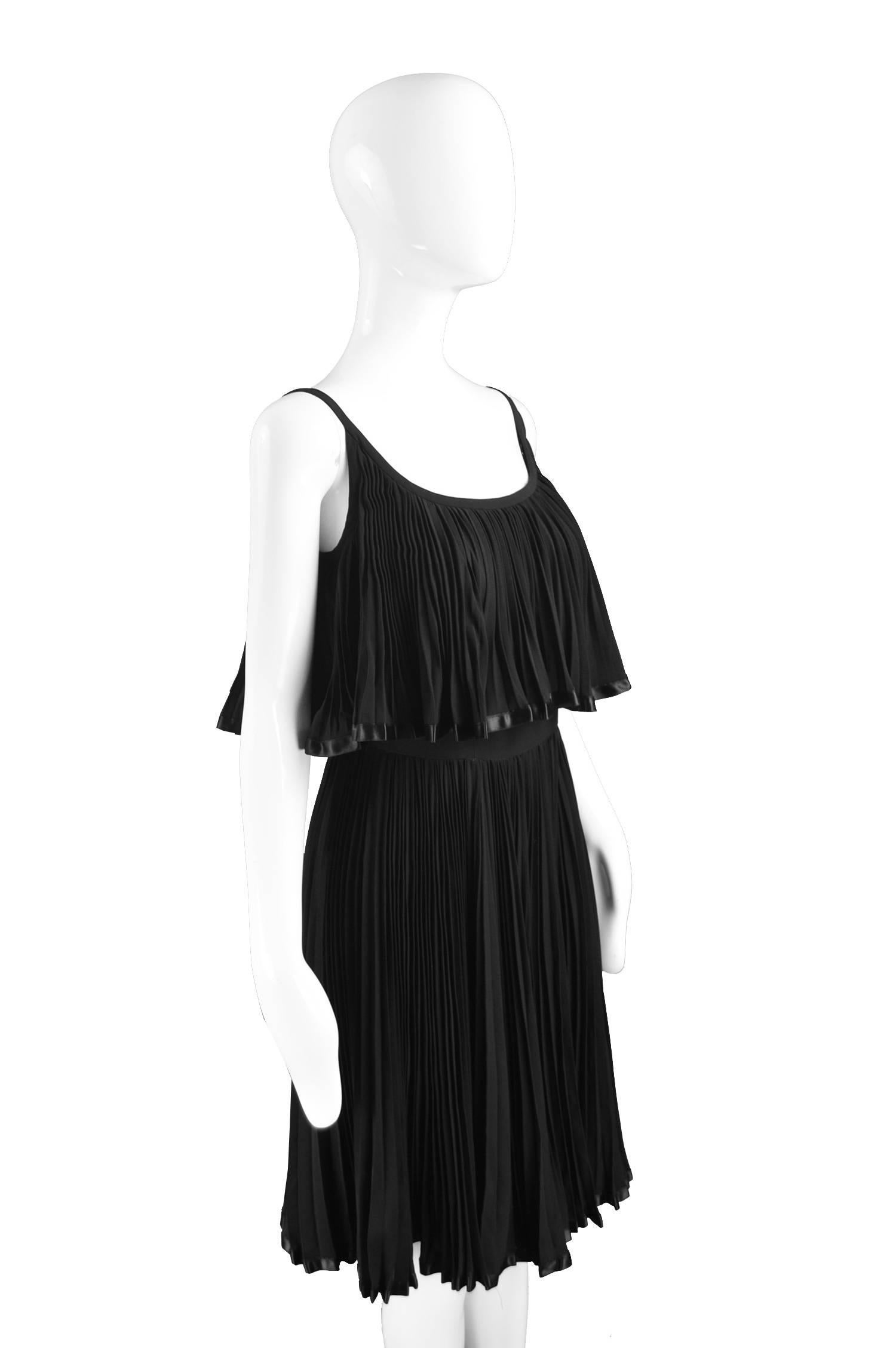 Women's Oleg Cassini Vintage Tiered Pleated Crepe Little Black Dress, 1960s For Sale
