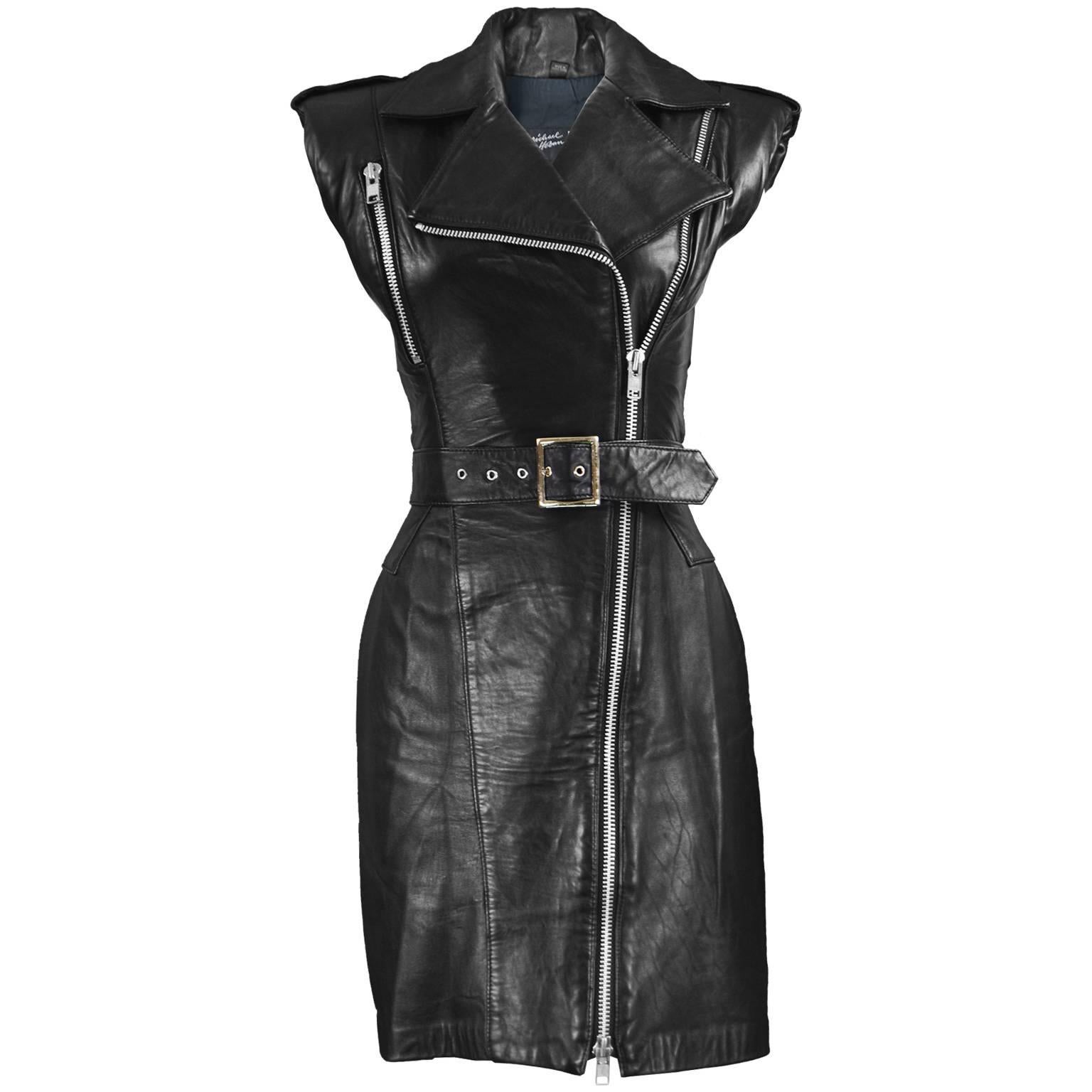 Michael Hoban for North Beach Leather Black Leather Biker Style Dress, 1980s
