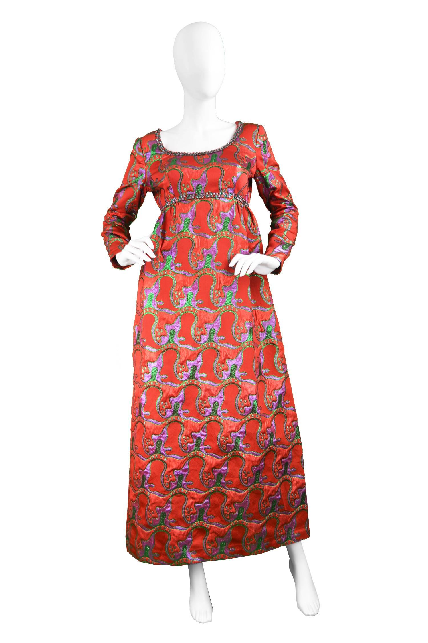 Victor Costa Romantica Red, Purple & Green Metallic Brocade Evening Dress, 1970s 1