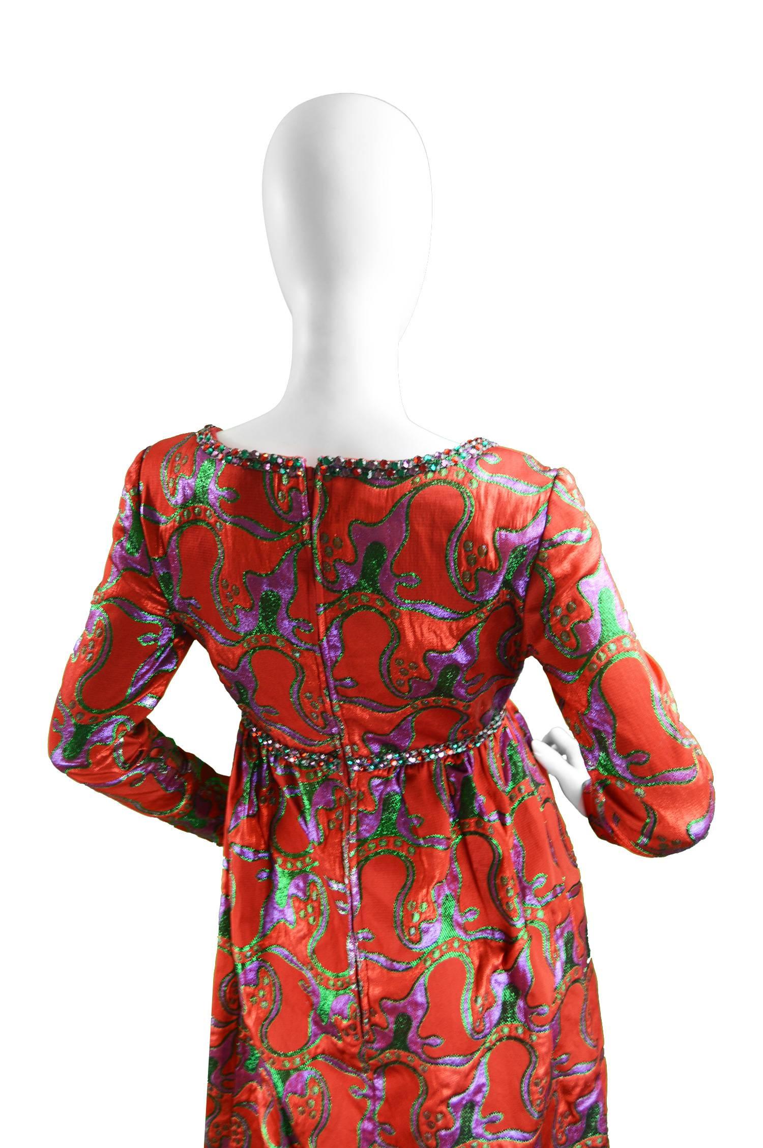Victor Costa Romantica Red, Purple & Green Metallic Brocade Evening Dress, 1970s For Sale 2