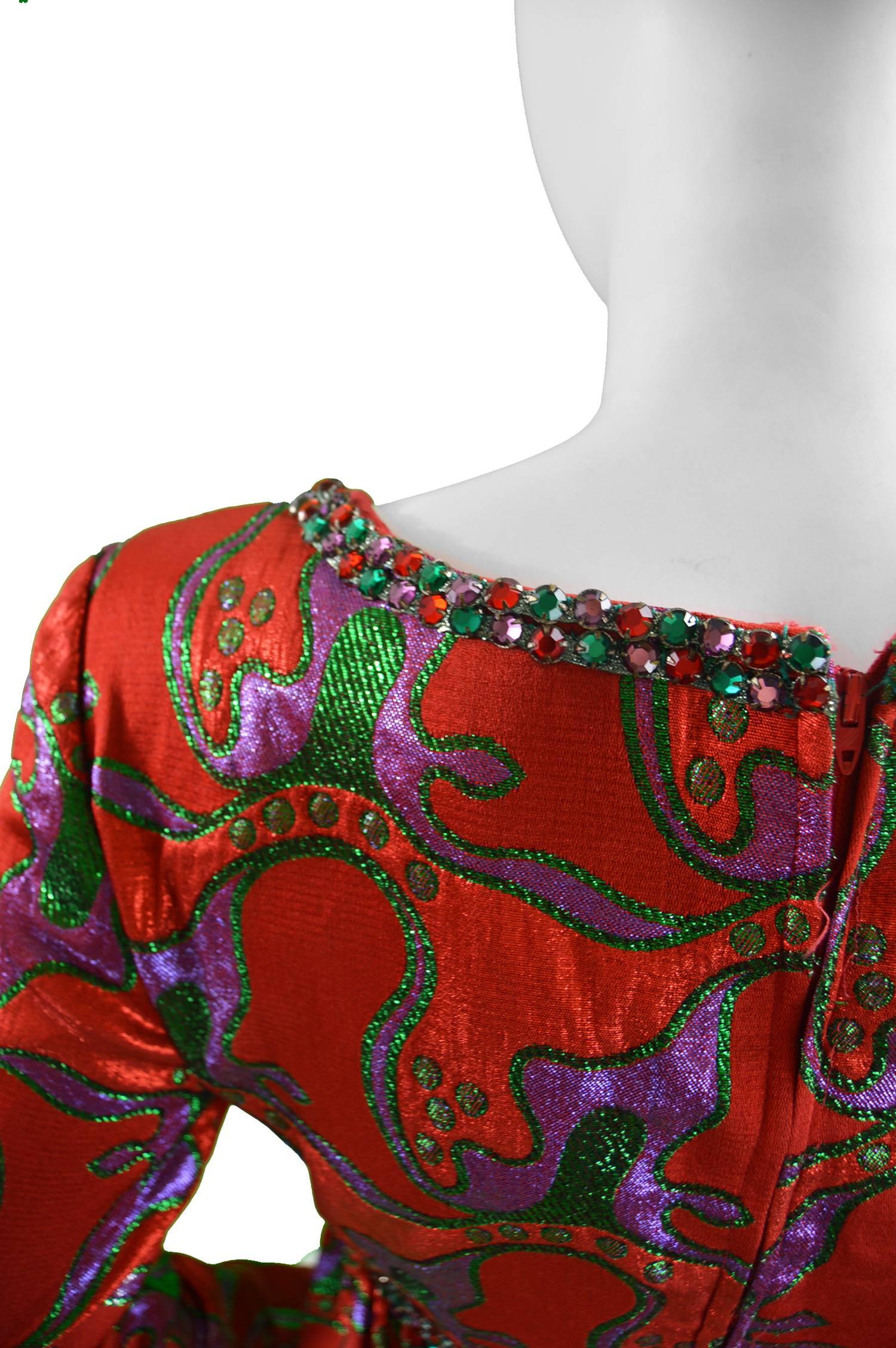 Victor Costa Romantica Red, Purple & Green Metallic Brocade Evening Dress, 1970s 3