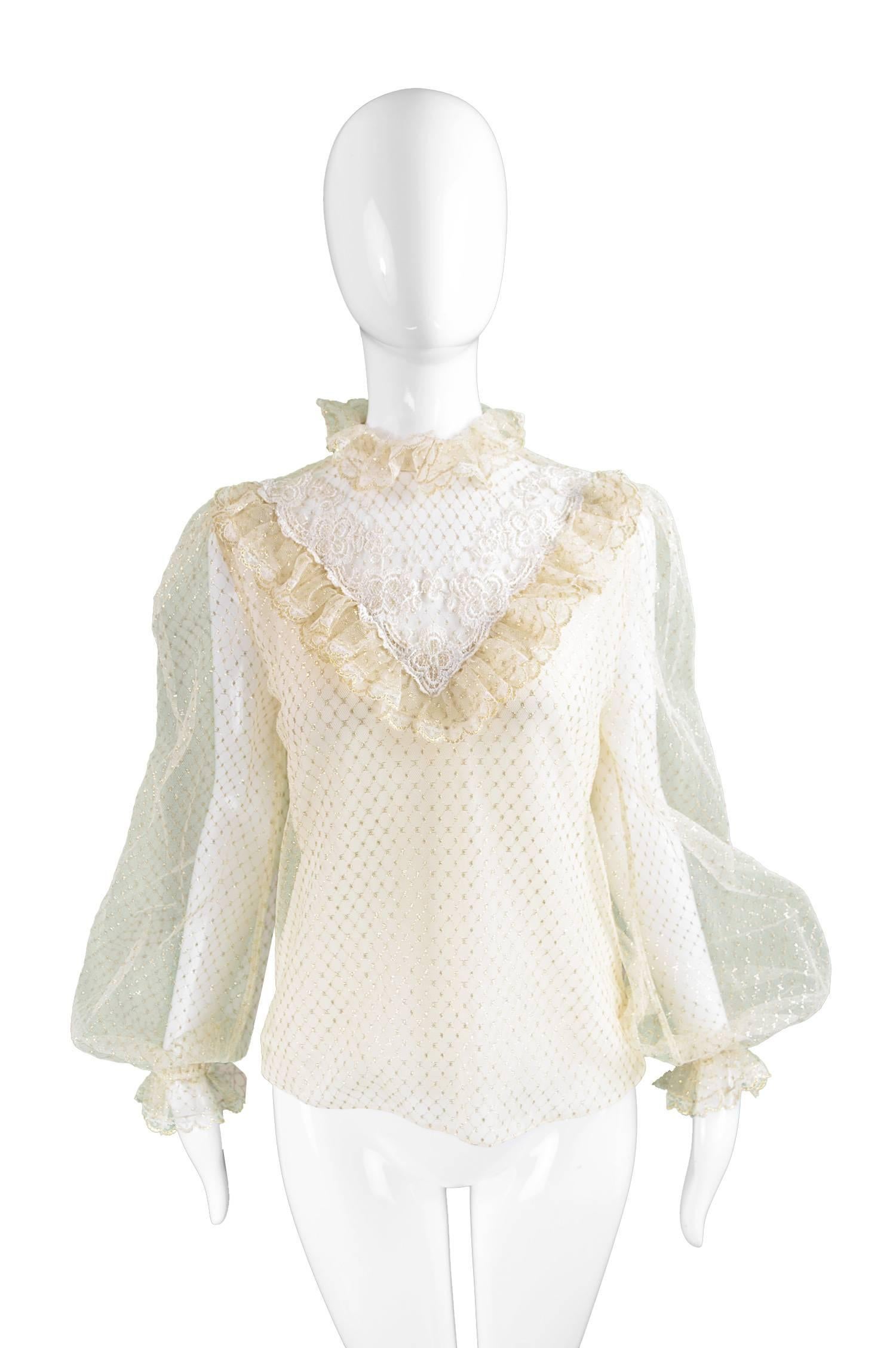 Albert Capraro Vintage Romantic Cream & Gold Lace Blouse, 1980s In Excellent Condition In Doncaster, South Yorkshire