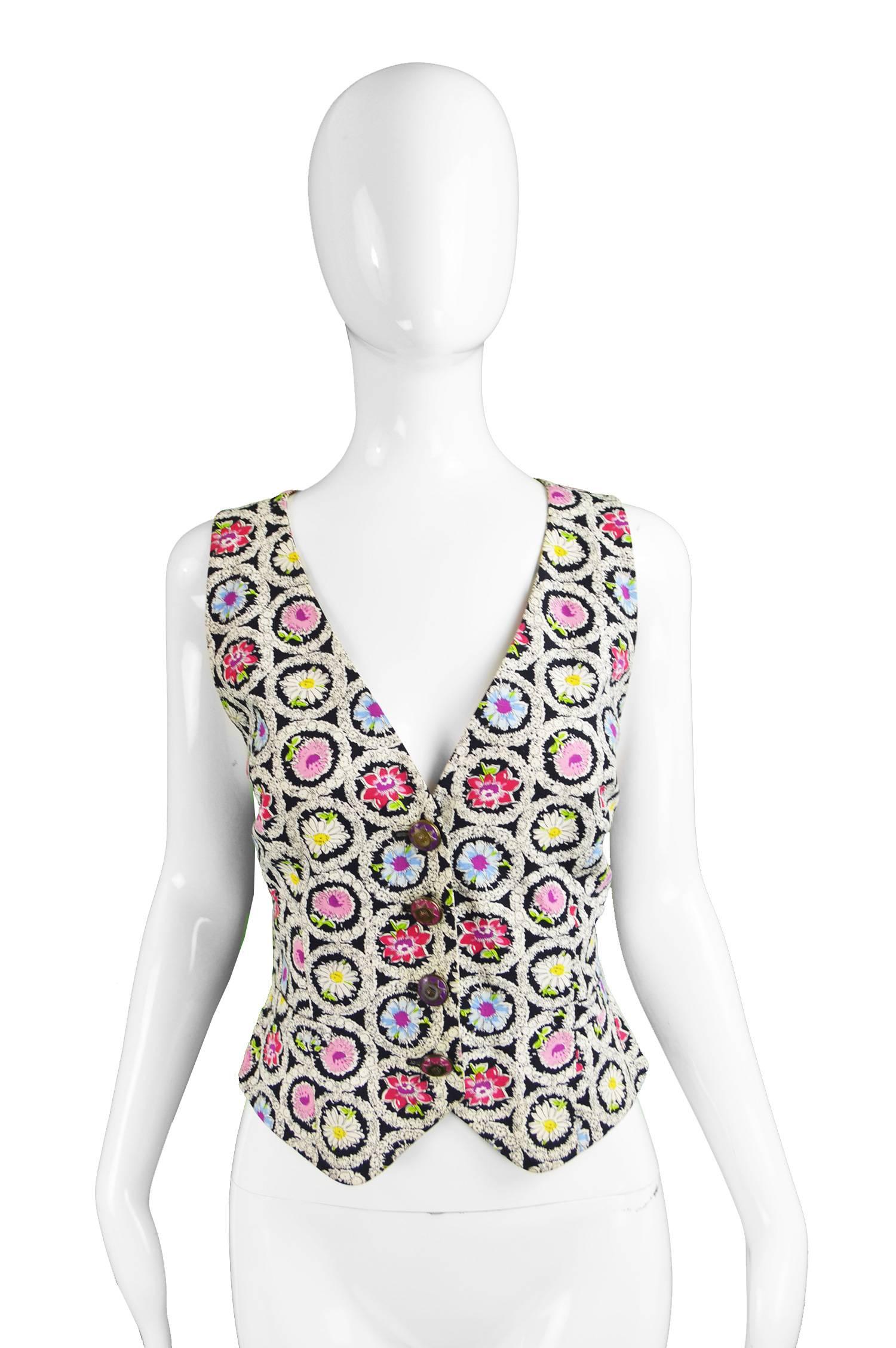 Beige Moschino Cheap & Chic Black & White Floral Cross Back Cotton Vest, 1990s 