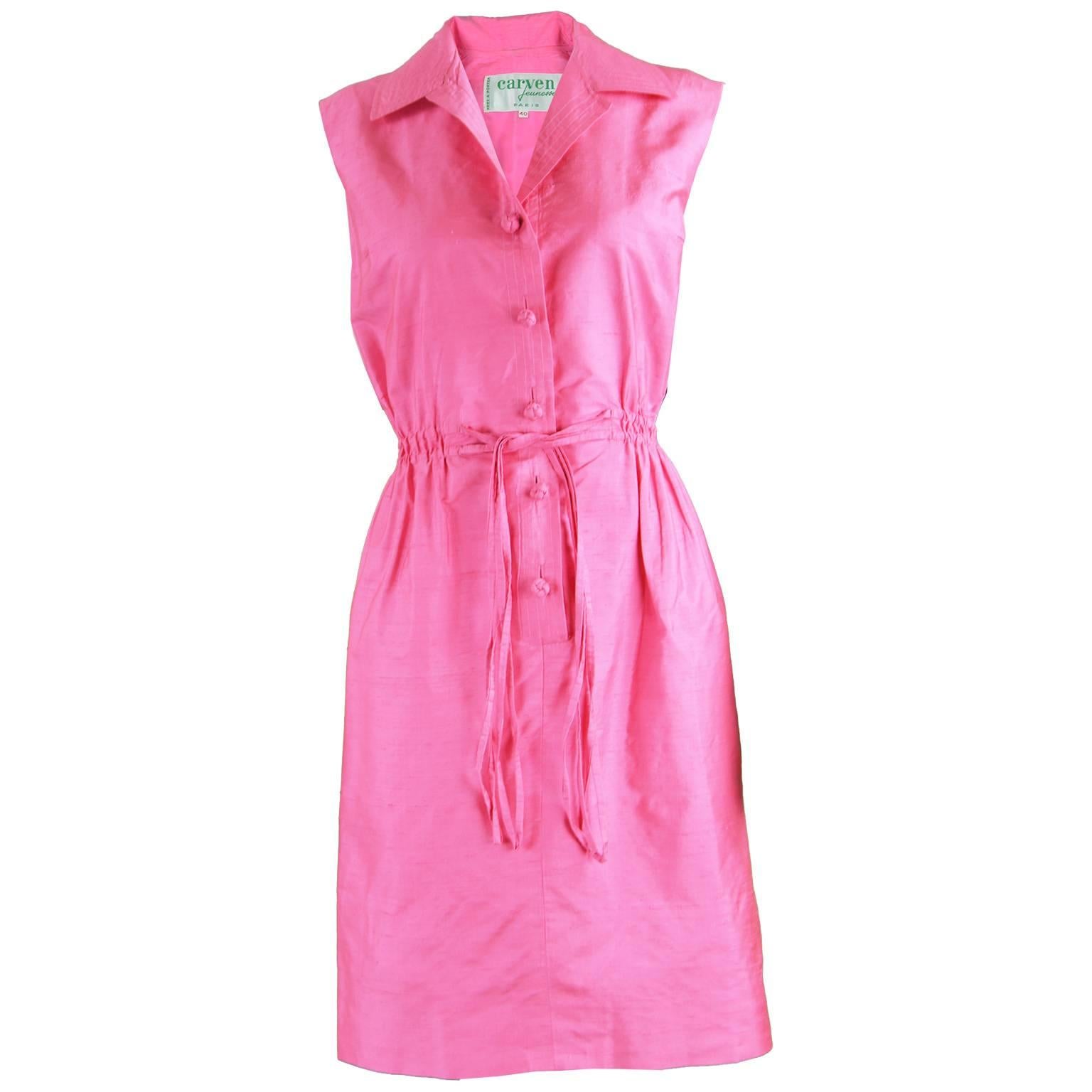 Carven Paris Pink Silk Shantung Sleeveless Shirt Dress, 1960s
