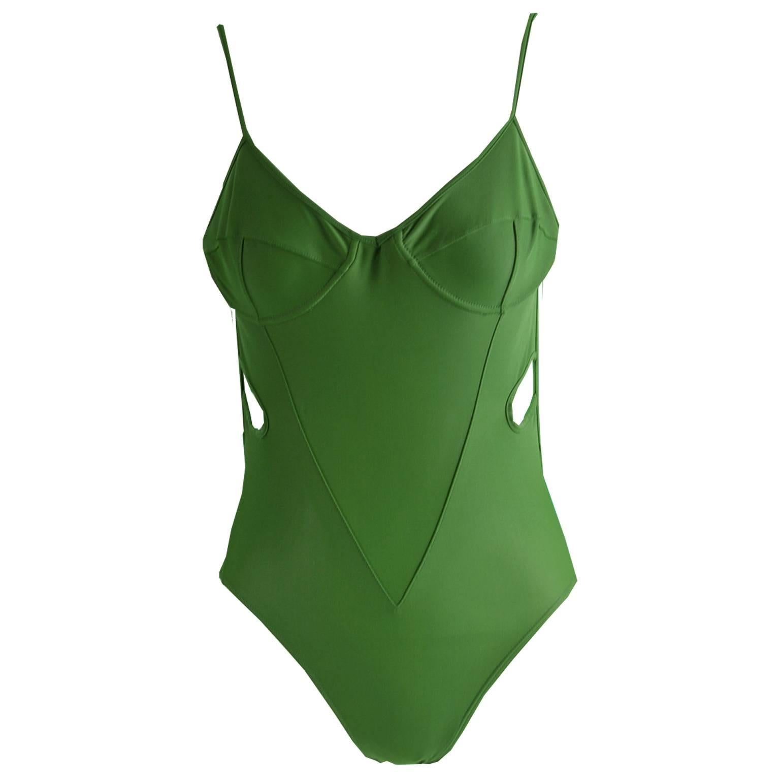 Early John Galliano London Green Cut Out Swimsuit Made in Britain, 1980s