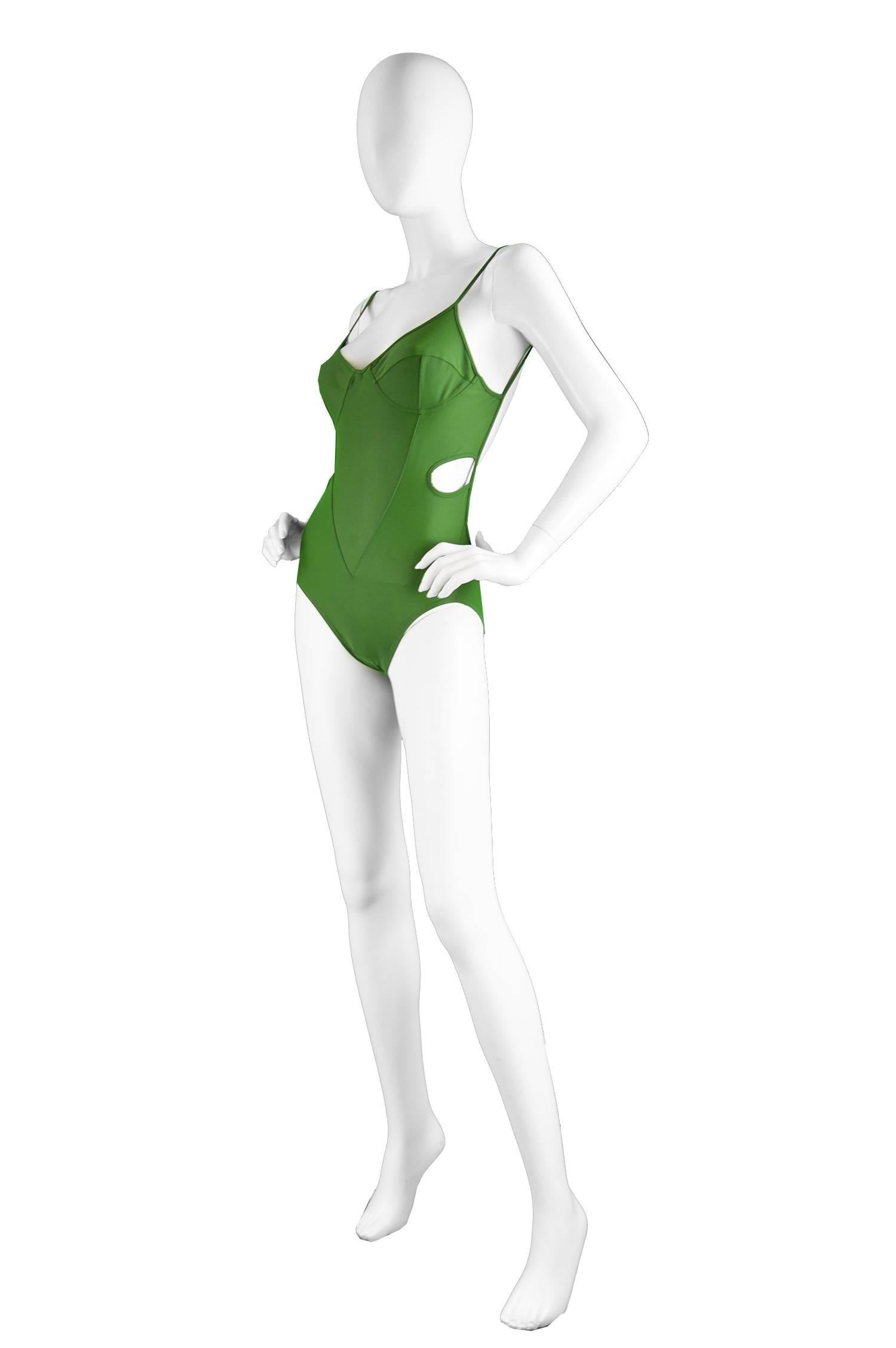 Women's or Men's Early John Galliano London Green Cut Out Swimsuit Made in Britain, 1980s