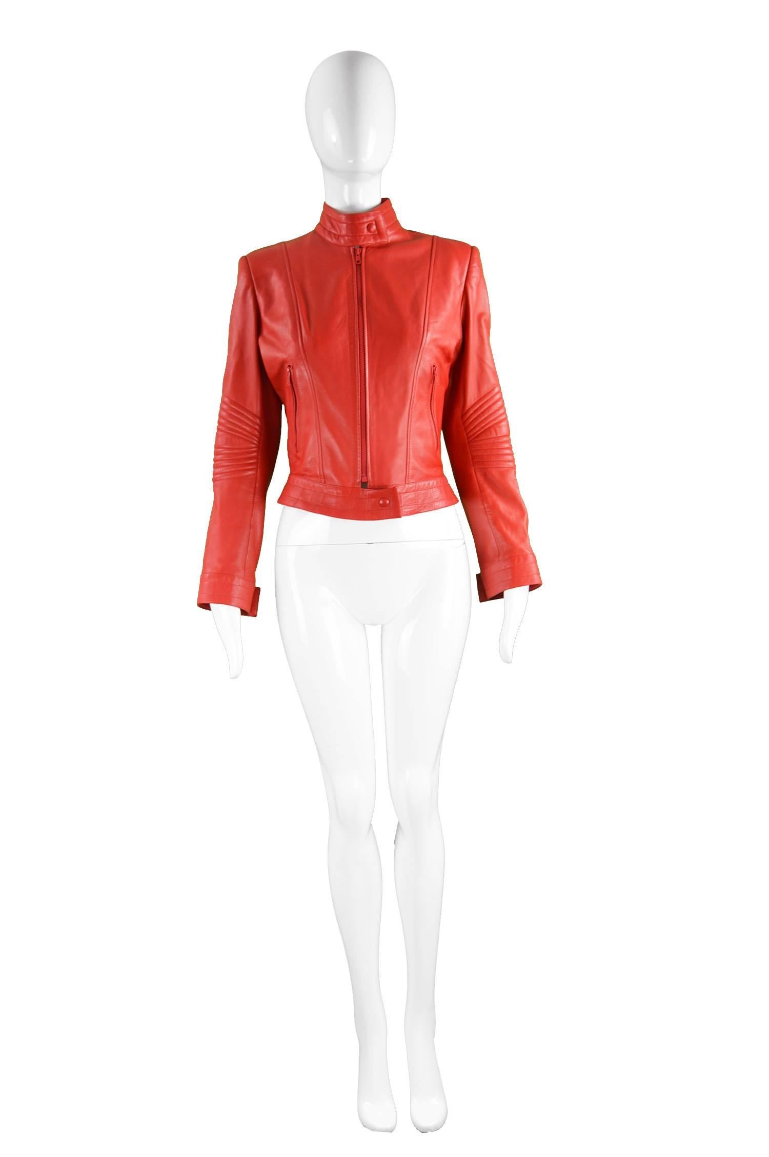 Jean Claude Jitrois Bright Red Café Racer Style Lambskin Leather Jacket 

Size: Marked 38 which is roughly a UK 10 / US 6. 
Bust - up to 38” / 96cm has a loose fit on bust like most leather jackets
Waist - 28” / 71cm
Length (Shoulder to Hem) - 19” /