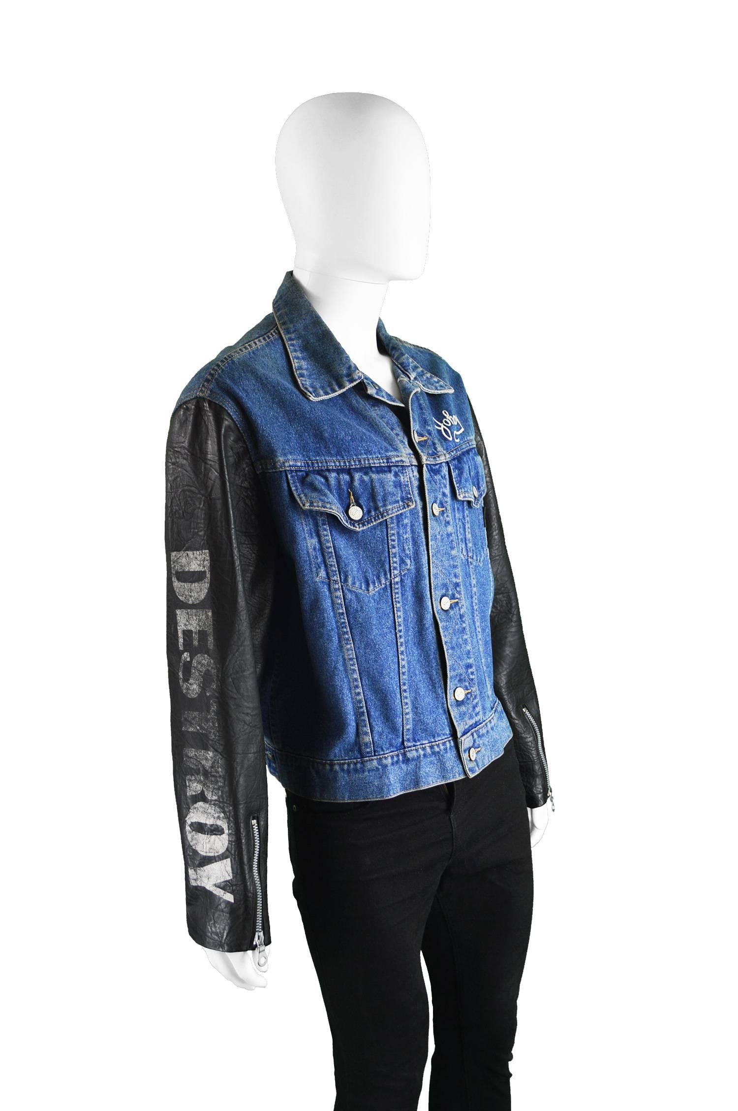 John Richmond Destroy Men's Denim Jacket with Faux Leather Sleeves, 1990s In Excellent Condition In Doncaster, South Yorkshire