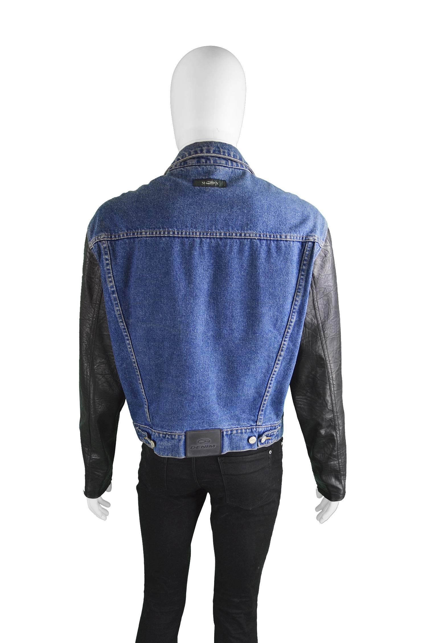 John Richmond Destroy Men's Denim Jacket with Faux Leather Sleeves, 1990s 1