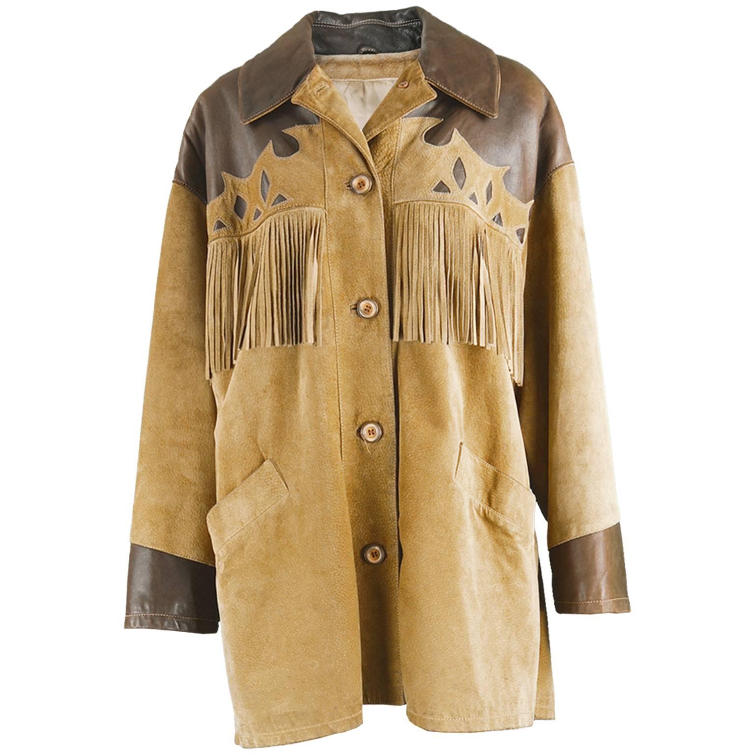 Byblos Italian Leather & Suede Oversized Western Style Fringed Jacket, 1980s For Sale