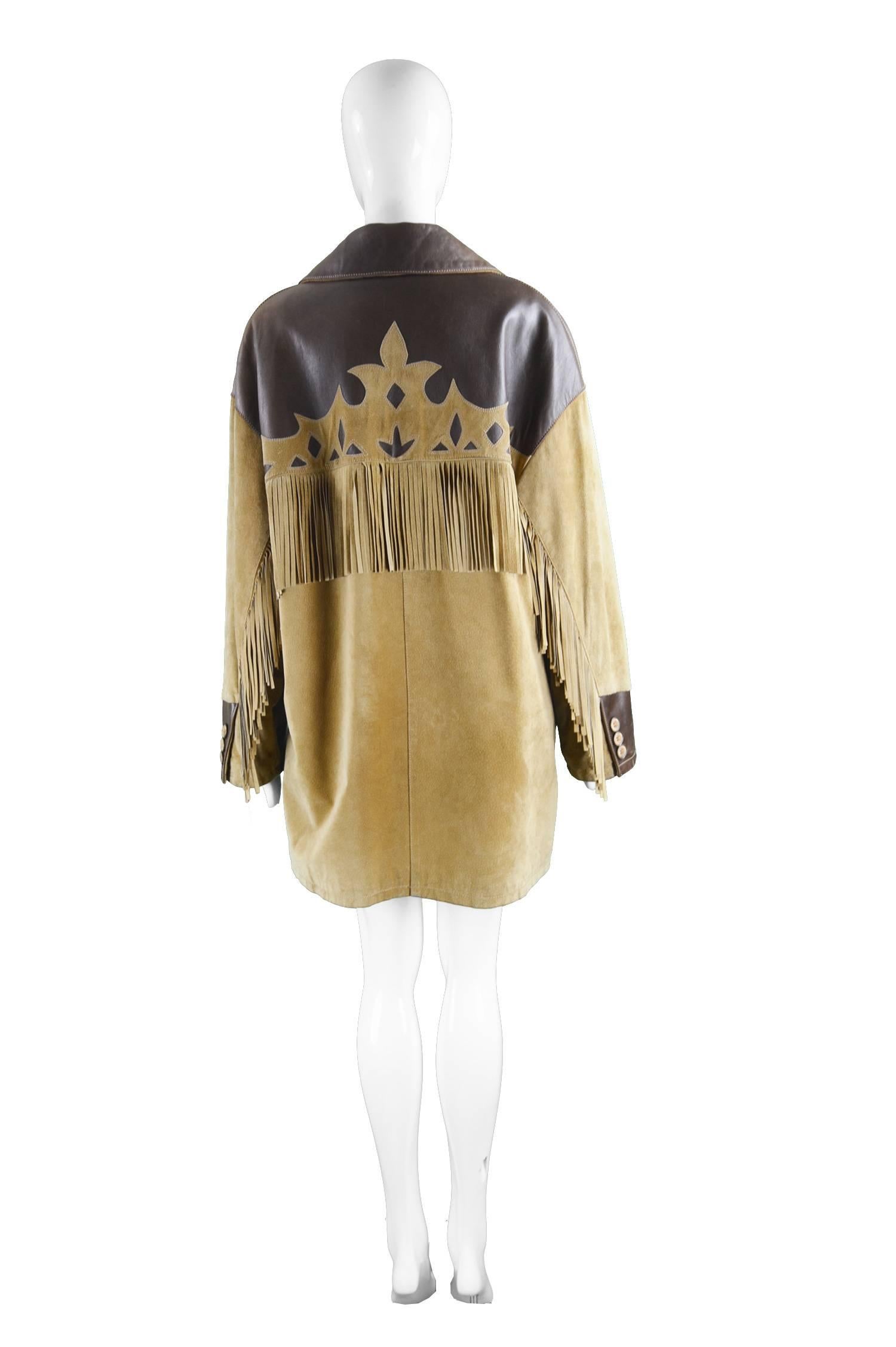 Women's or Men's Byblos Italian Leather & Suede Oversized Western Style Fringed Jacket, 1980s