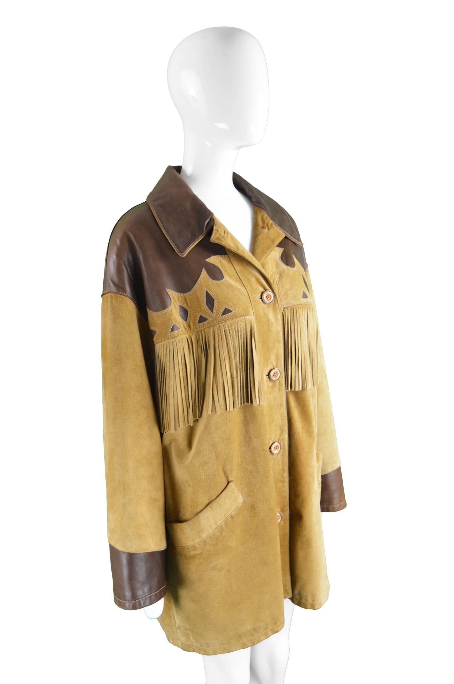 Byblos Italian Leather & Suede Oversized Western Style Fringed Jacket, 1980s In Excellent Condition For Sale In Doncaster, South Yorkshire