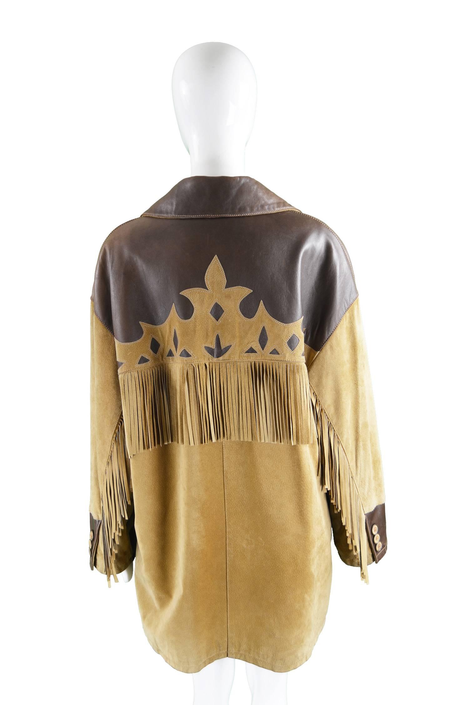 Byblos Italian Leather & Suede Oversized Western Style Fringed Jacket, 1980s For Sale 1