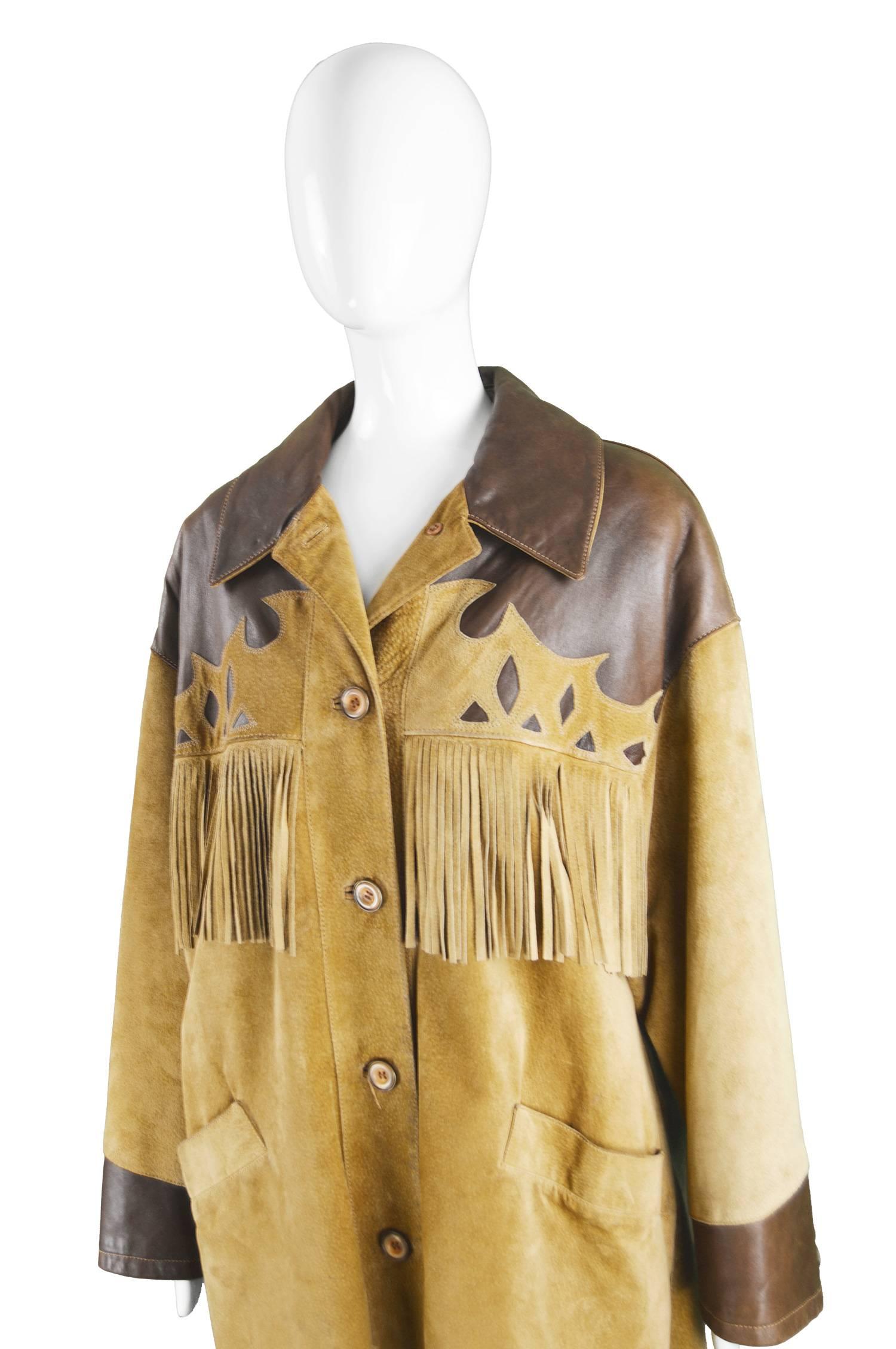 Brown Byblos Italian Leather & Suede Oversized Western Style Fringed Jacket, 1980s For Sale