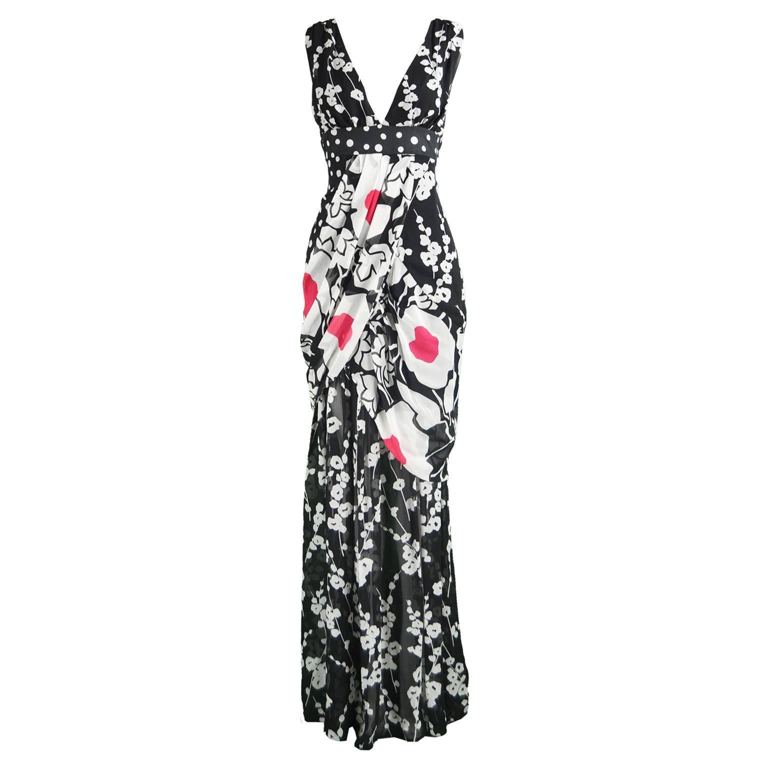 Kenzo Black & White Draped Floral Polka Dot Silk Chiffon Maxi Dress