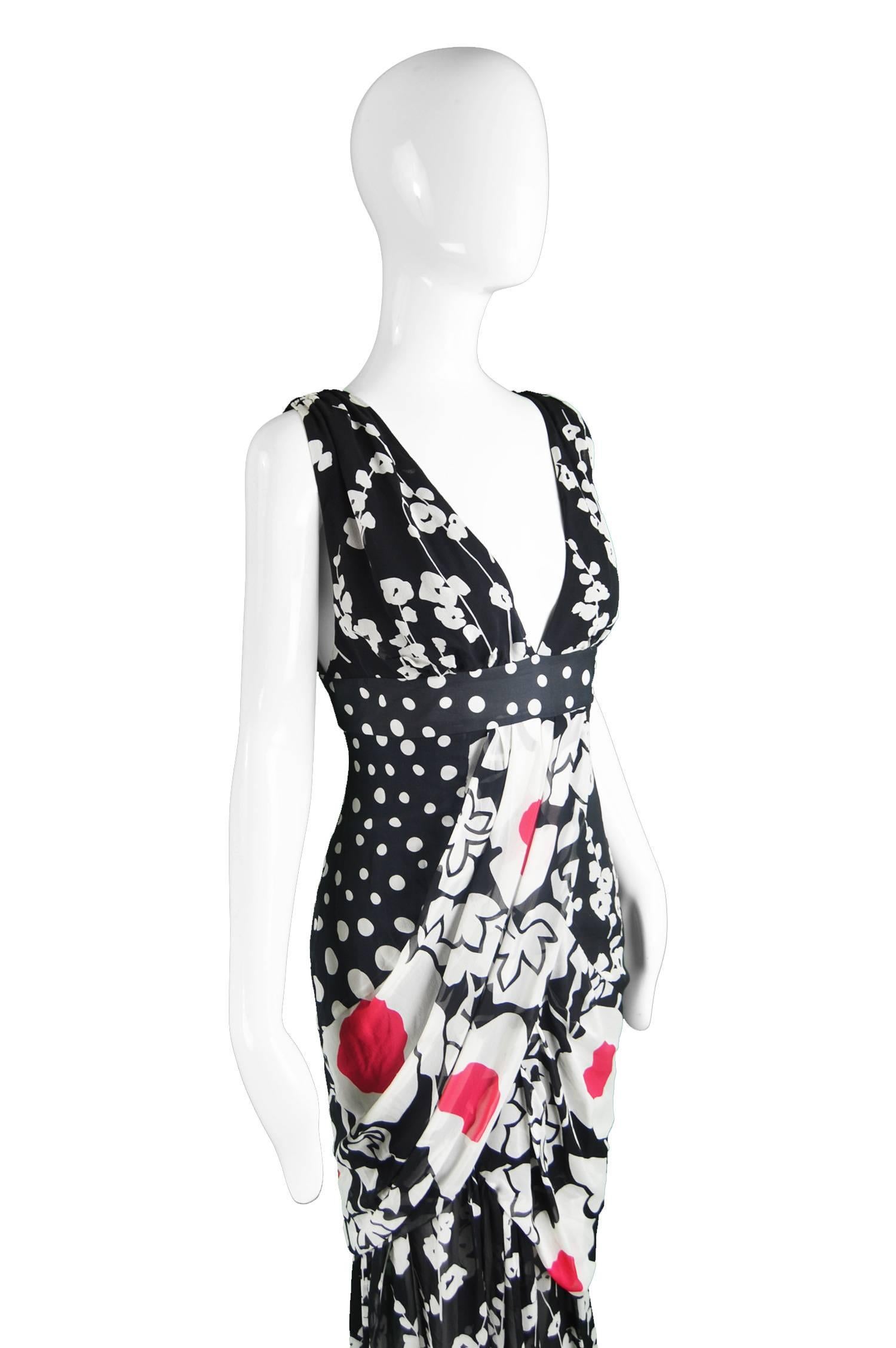 Kenzo Black & White Draped Floral Polka Dot Silk Chiffon Maxi Dress In Excellent Condition In Doncaster, South Yorkshire