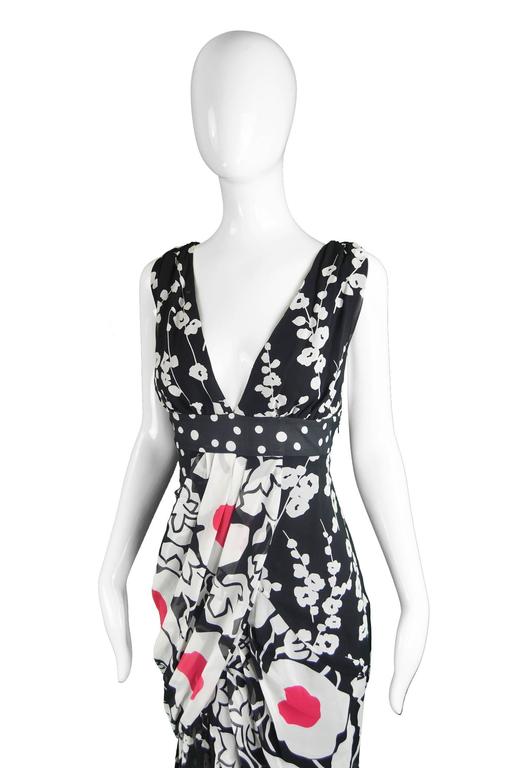 Kenzo Black and White Draped Floral Polka Dot Silk Chiffon Maxi Dress ...