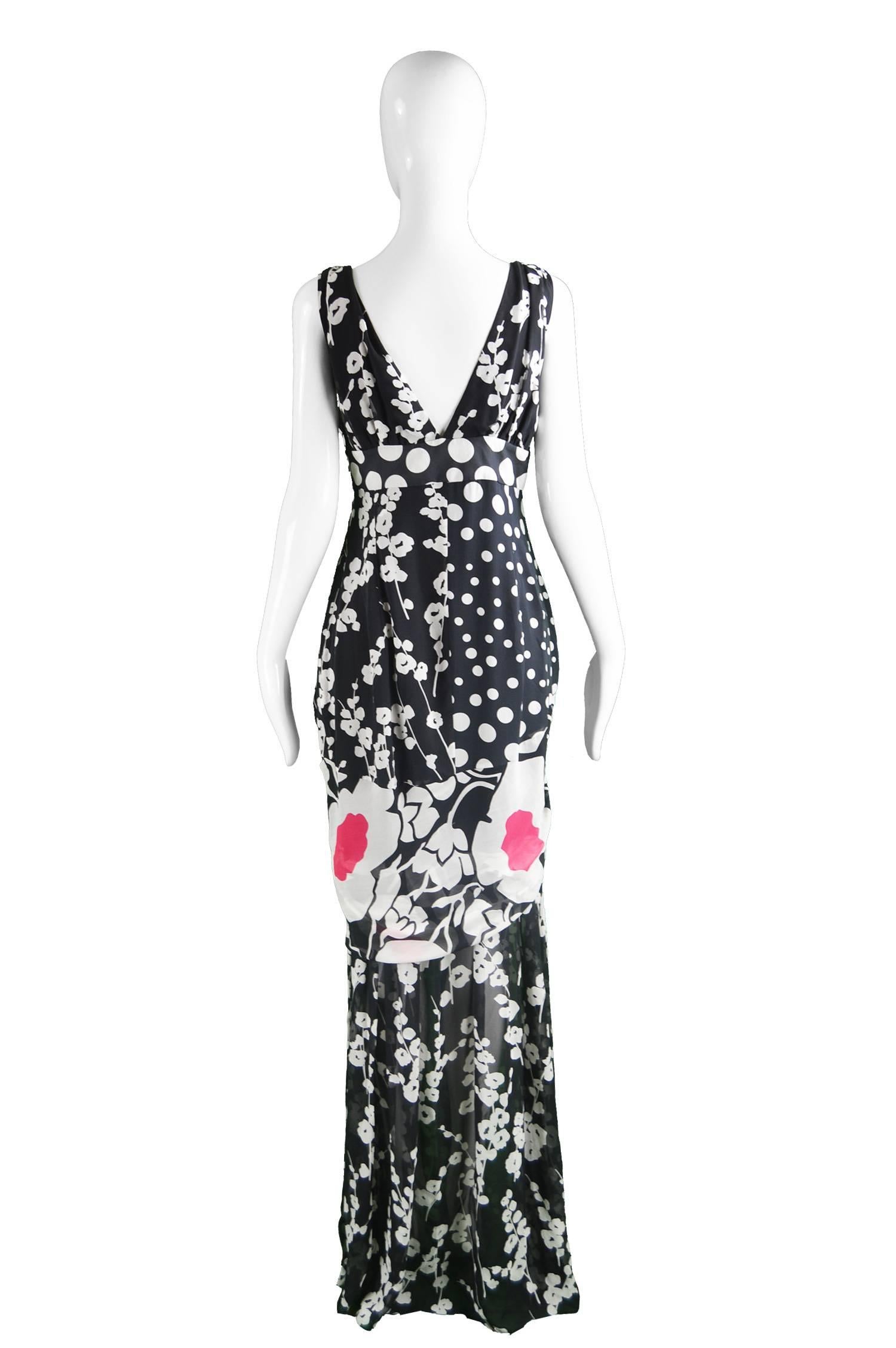 Women's Kenzo Black & White Draped Floral Polka Dot Silk Chiffon Maxi Dress