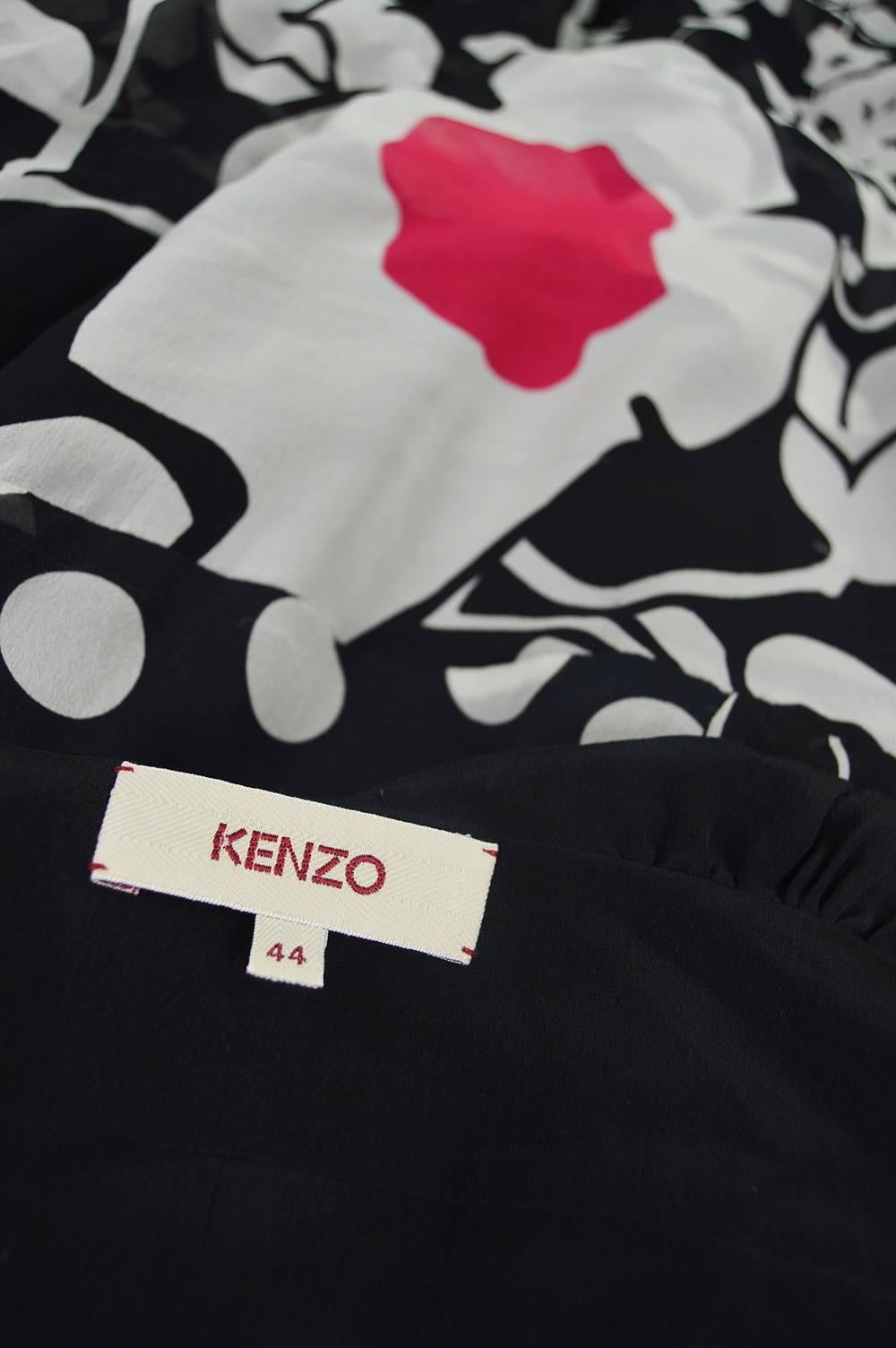 Kenzo Black & White Draped Floral Polka Dot Silk Chiffon Maxi Dress 1