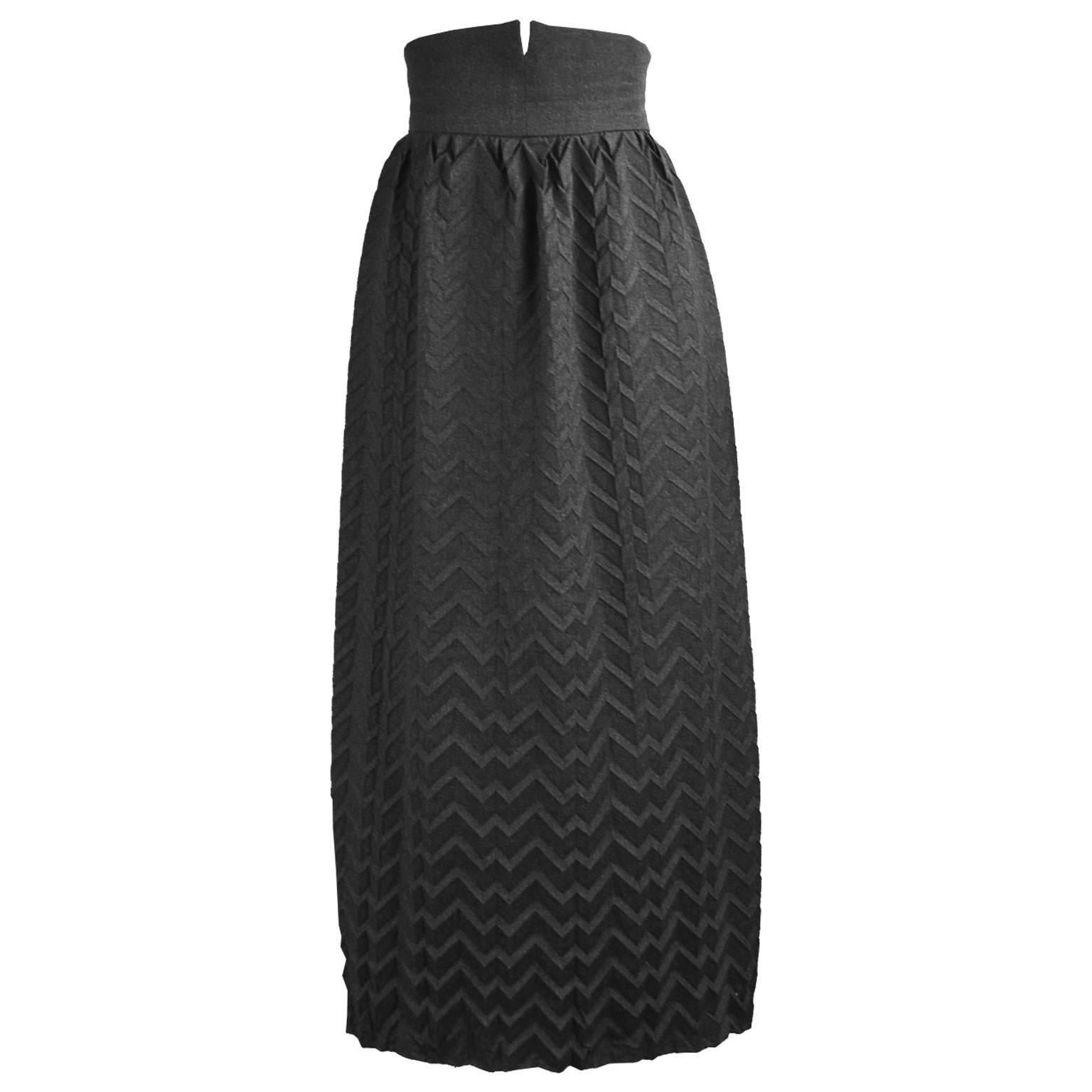 Romeo Gigli Museum Held High Waisted Grey Chevron Pleated Wool Skirt, c.1992 For Sale