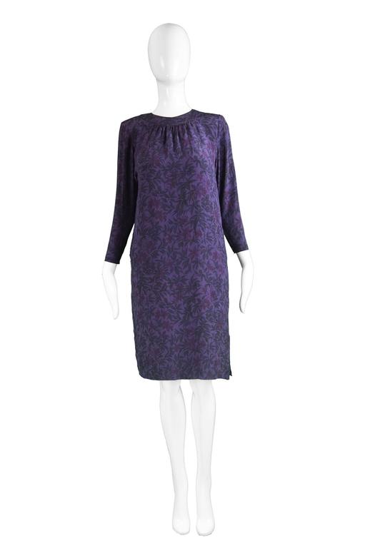 Hanae Mori Purple Vintage Hibiscus Print Simple Silk Shift Dress, 1980s ...