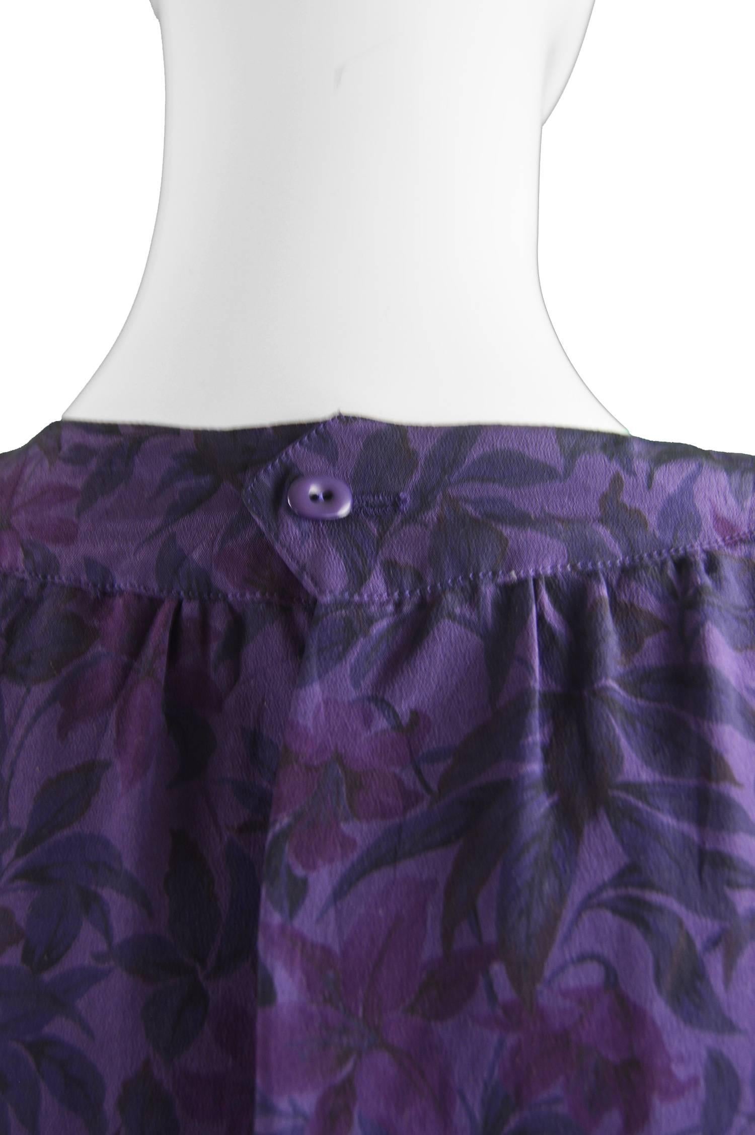 Hanae Mori Purple Vintage Hibiscus Print Simple Silk Shift Dress, 1980s 3