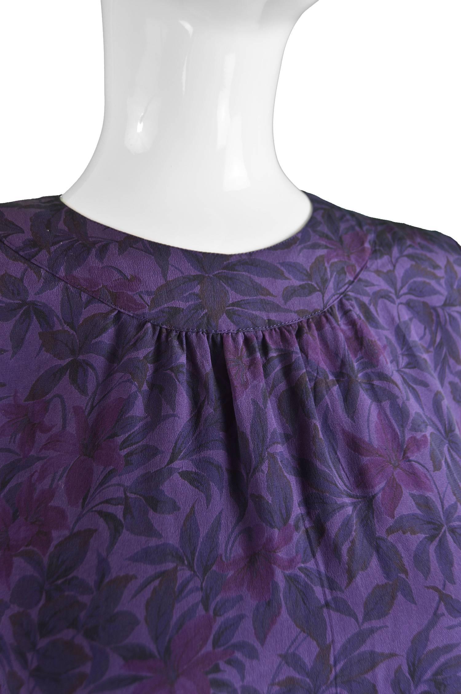 Women's Hanae Mori Purple Vintage Hibiscus Print Simple Silk Shift Dress, 1980s For Sale