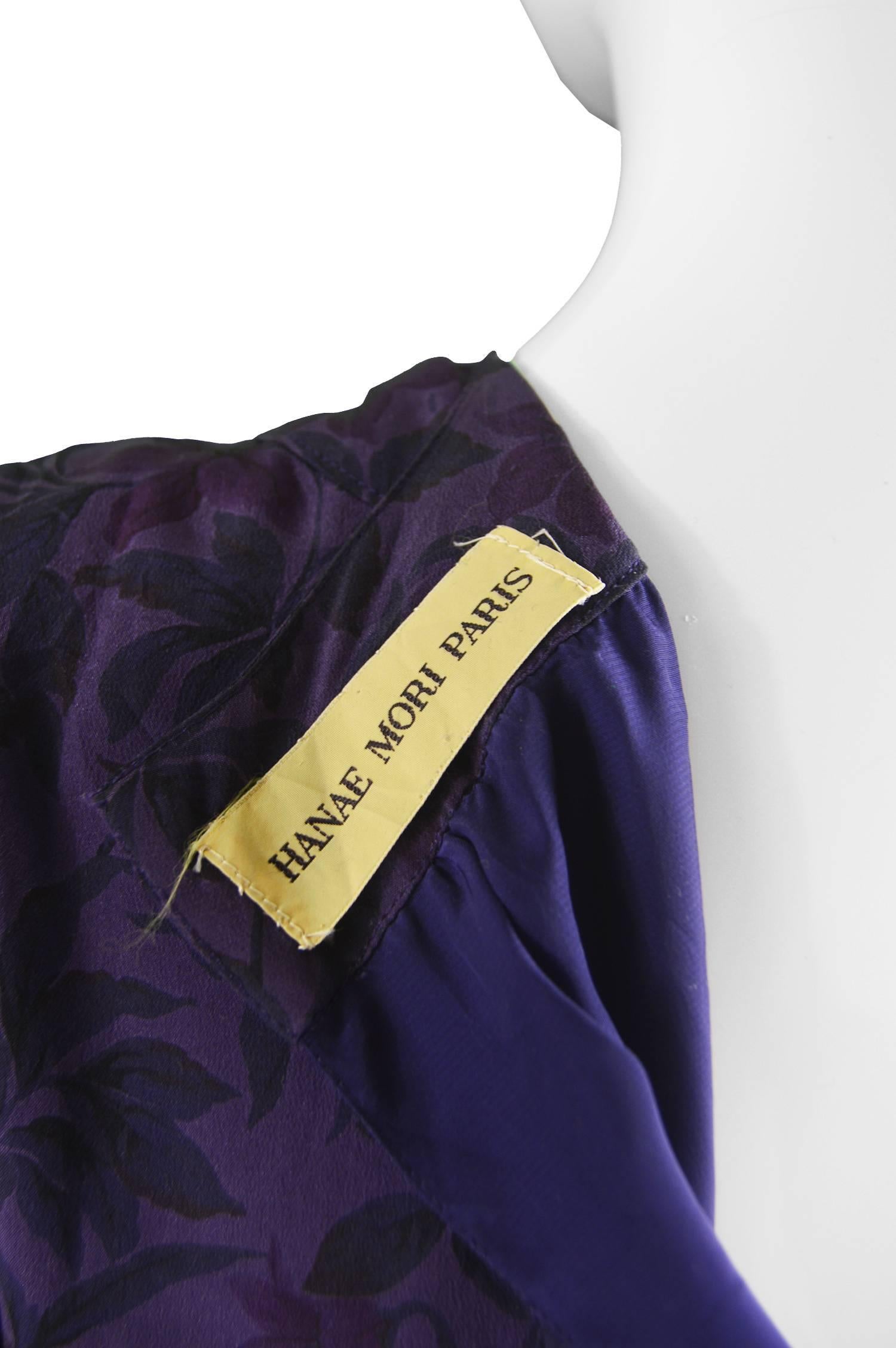 Hanae Mori Purple Vintage Hibiscus Print Simple Silk Shift Dress, 1980s 4