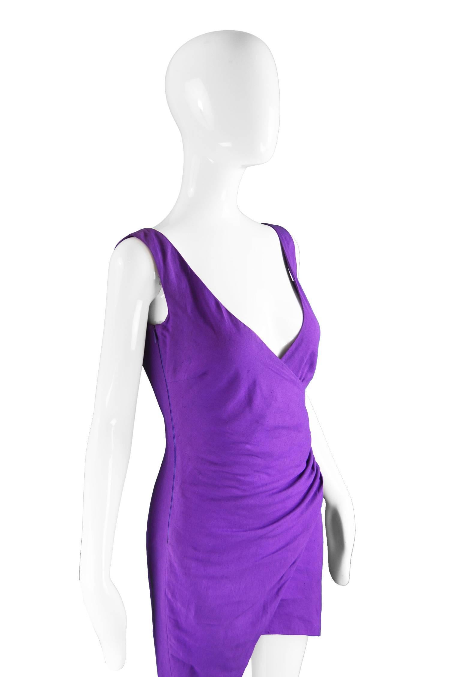 Byblos Vintage Asymmetric Purple Linen Mini Party Dress, S / S 1992 In Excellent Condition In Doncaster, South Yorkshire